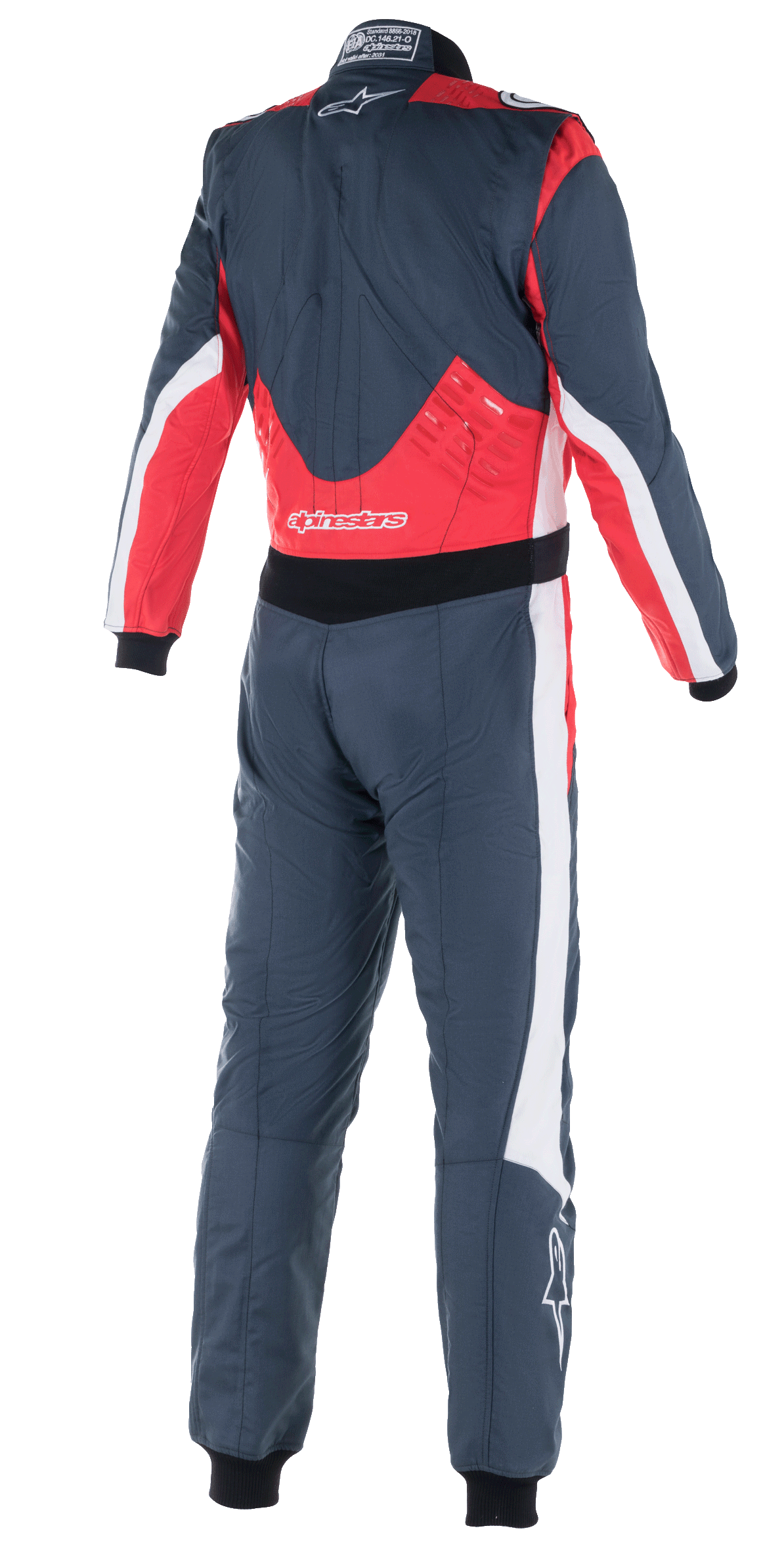 Alpinestars GP Pro Comp V2 FIA Suit, Auto Racing Suit, Asphalt Red and White, rear view featuring red panels on the lower back and shoulders, white accents on sides, and Alpinestars logo branding