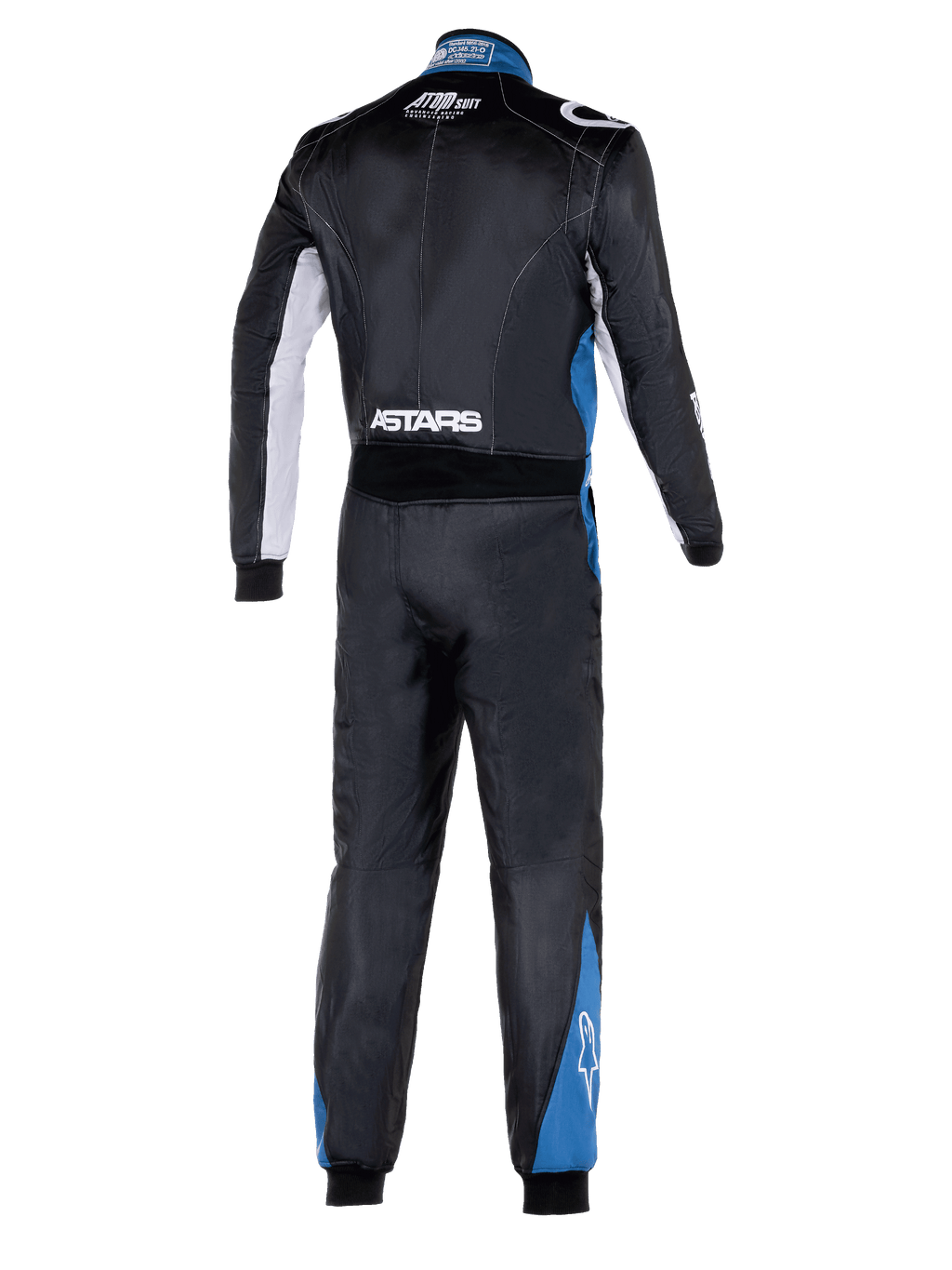 Alpinestars Atom Graphic 4 Suit, volledig achteraanzicht van autoracepak, zwart met zilveren en blauwe accenten, witte ASTARS-branding op de taille en blauwe panelen op de benen, professionele FIA-gecertificeerde motorsport beschermende kleding