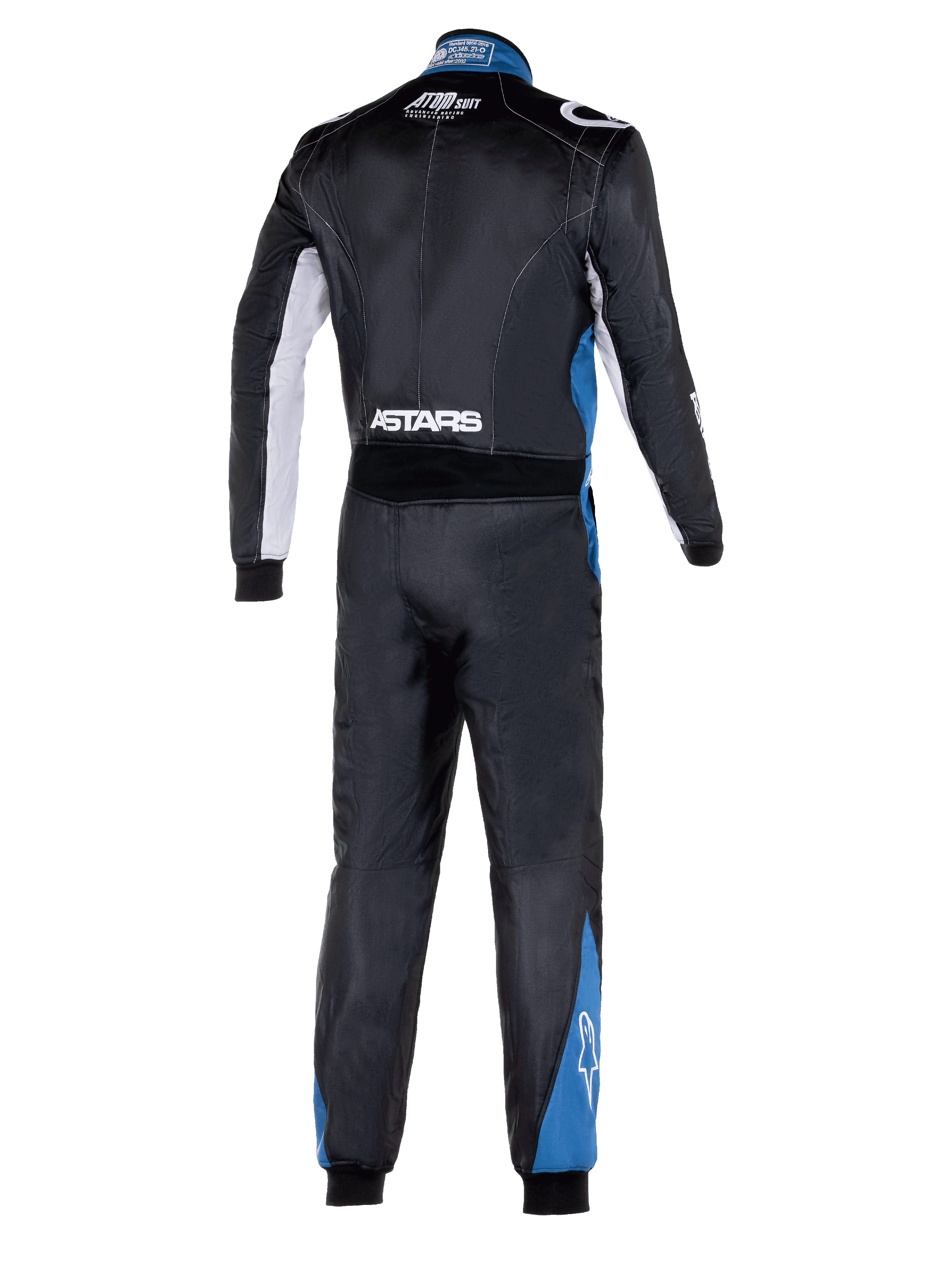 Alpinestars Atom Graphic 4 Suit, volledig achteraanzicht van autoracepak, zwart met zilveren en blauwe accenten, witte ASTARS-branding op de taille en blauwe panelen op de benen, professionele FIA-gecertificeerde motorsport beschermende kleding