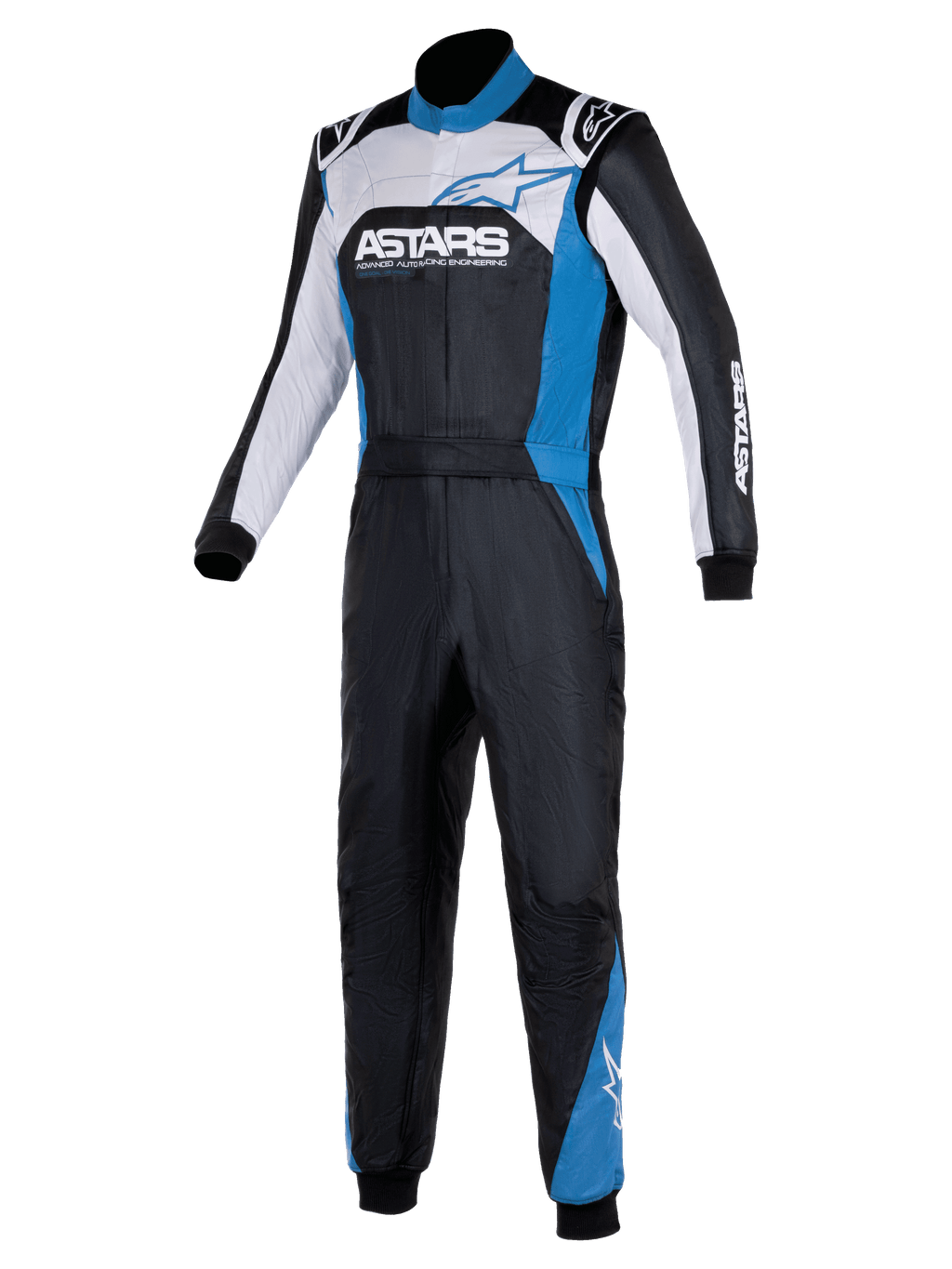 Alpinestars Atom Graphic 4 Suit, eendelig autoracepak, zwart, zilver en blauw, met opvallende ASTARS-branding op de borst, witte en blauwe panelen, hoge kraag en geribbelde manchetten, professionele beschermende kleding voor de autosport