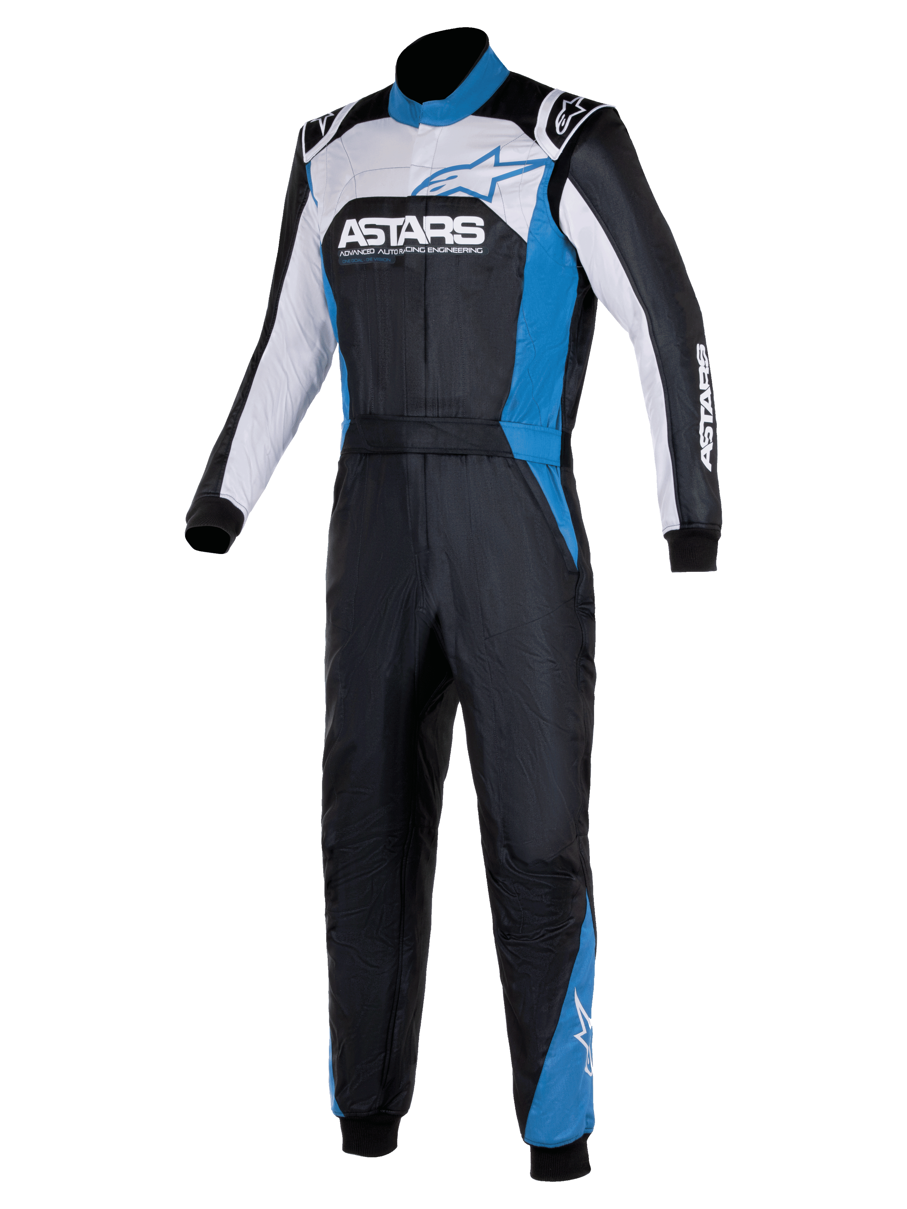 Alpinestars Atom Graphic 4 Suit, combinaison de course automobile une pièce, noire, argent et bleue, avec logo ASTARS imposant sur la poitrine, panneaux blancs et bleus, col haut et poignets côtelés, vêtement de protection professionnel pour le sport automobile