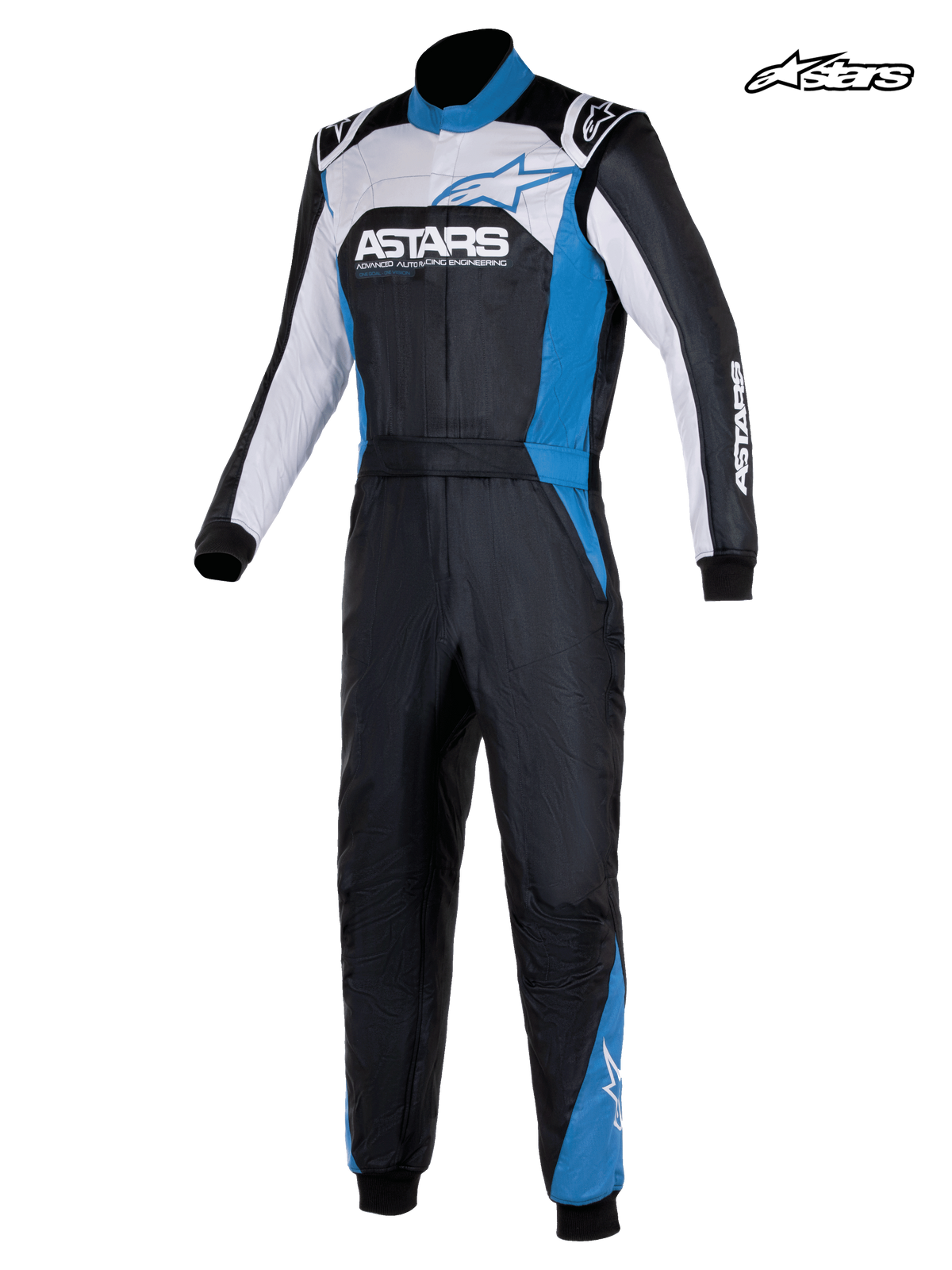 Alpinestars Atom Graphic 4 Pak, FIA-goedgekeurd herenracepak in zwart, zilver en blauw, vooraanzicht met aramidische constructie