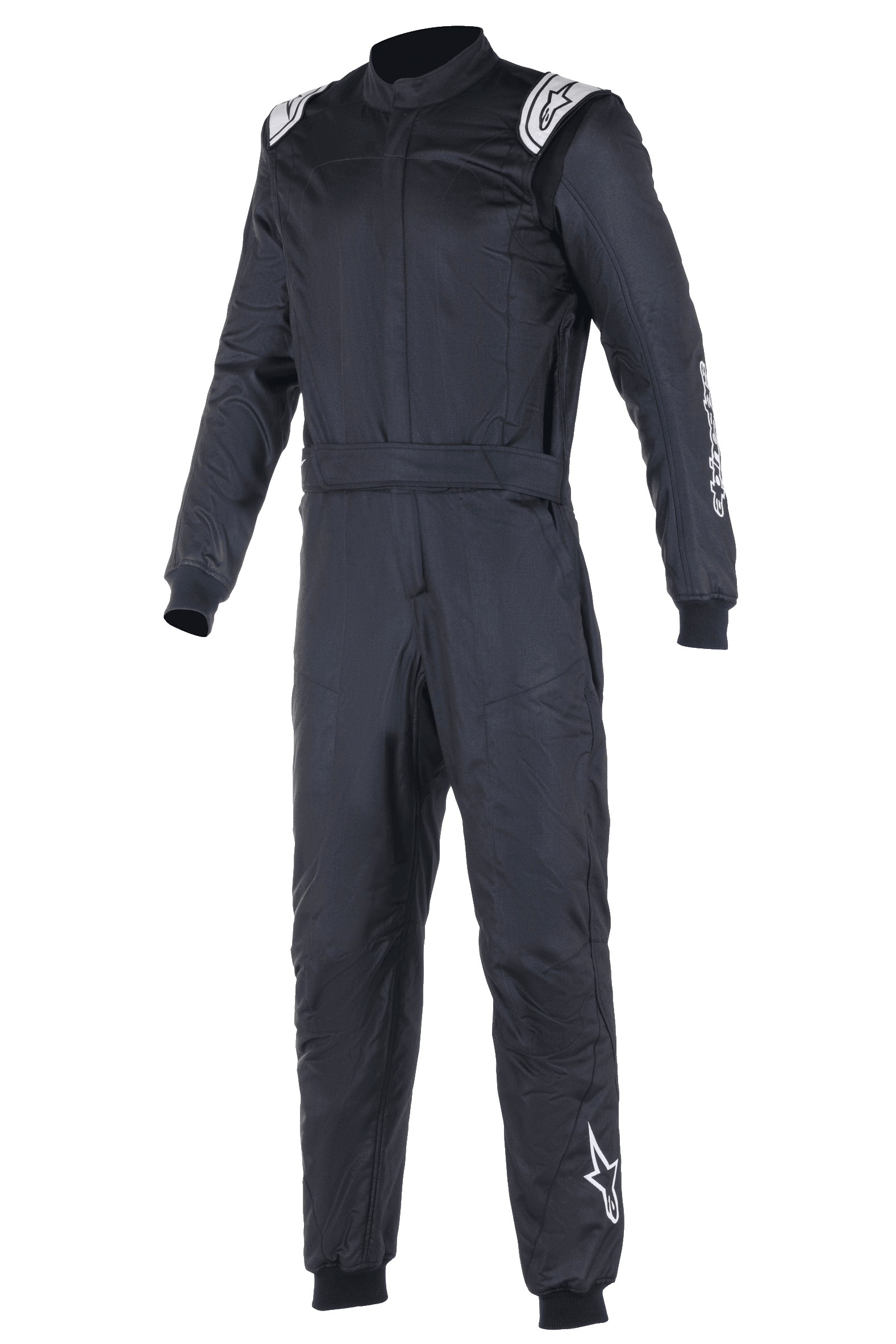 Alpinestars Atom FIA Suit, Black Auto Racing Suit, one-piece design featuring white Alpinestars logos on shoulders and left leg, high collar with ribbed cuffs and waist belt, professional motorsport and racing apparel