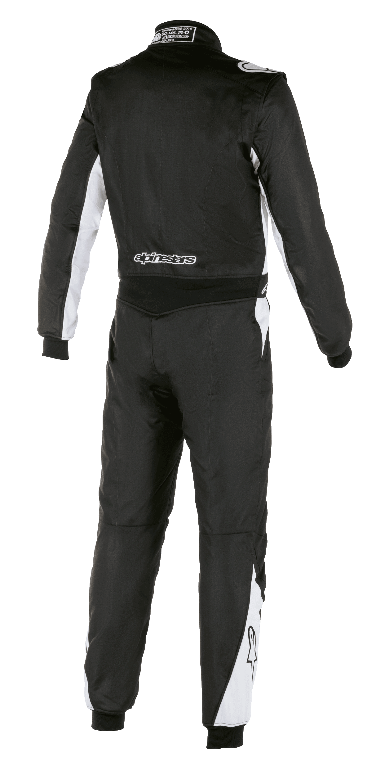 Combinaison Alpinestars Atom FIA, combinaison de course automobile, noir et argent, vue arrière, avec des accents blancs sur les manches et les jambes, marquage Alpinestars dans le bas du dos, conception durable en aramide pour le sport automobile professionnel