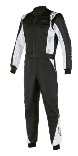 Alpinestars Atom FIA Suit, Auto Racing Suit, Black and Silver, featuring white panels on the sleeves and legs, shoulder epaulettes, waist belt, and ribbed cuffs, professional FIA-certified motorsport design
