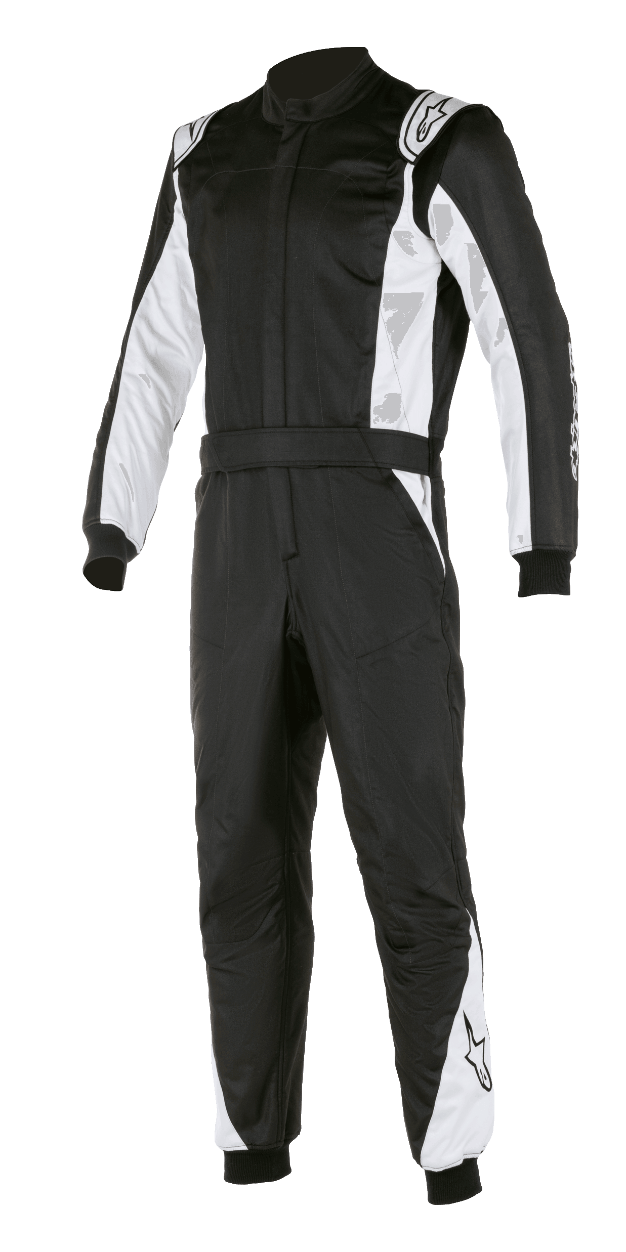 Combinaison Alpinestars Atom FIA, combinaison de course automobile, noir et argent, avec panneaux blancs sur les manches et les jambes, épaulettes, ceinture à la taille et poignets côtelés, design professionnel certifié FIA