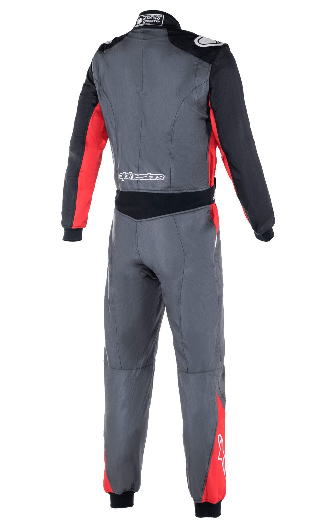 Alpinestars Atom FIA Suit, autoracepak, antraciet, rood en zwart, achteraanzicht met stretchpanelen in de taille, schouderepauletten en Alpinestars-branding op de onderrug en schouders.