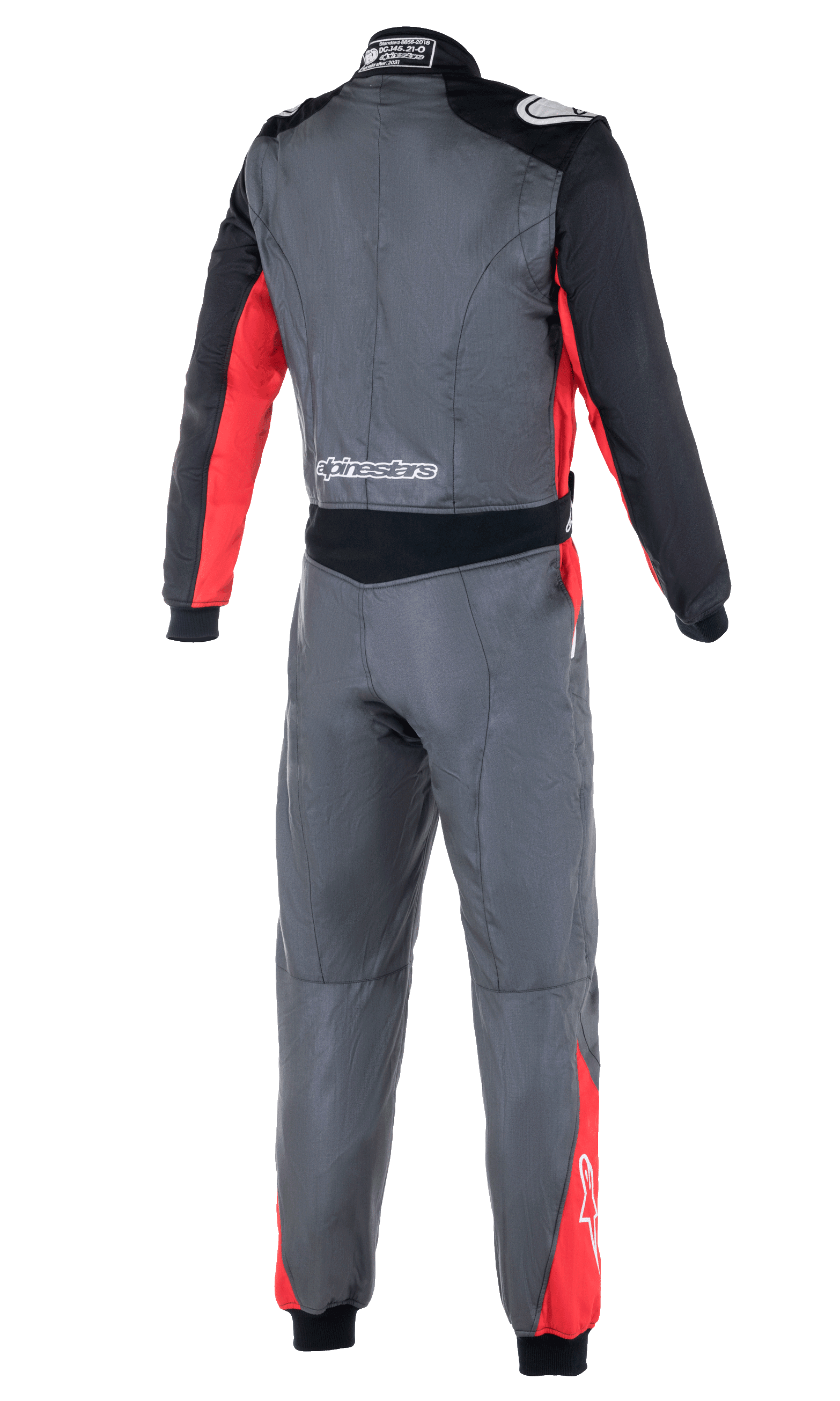 Alpinestars Atom FIA Suit, autoracepak, antraciet, rood en zwart, achteraanzicht met stretchpanelen in de taille, schouderepauletten en Alpinestars-branding op de onderrug en schouders.