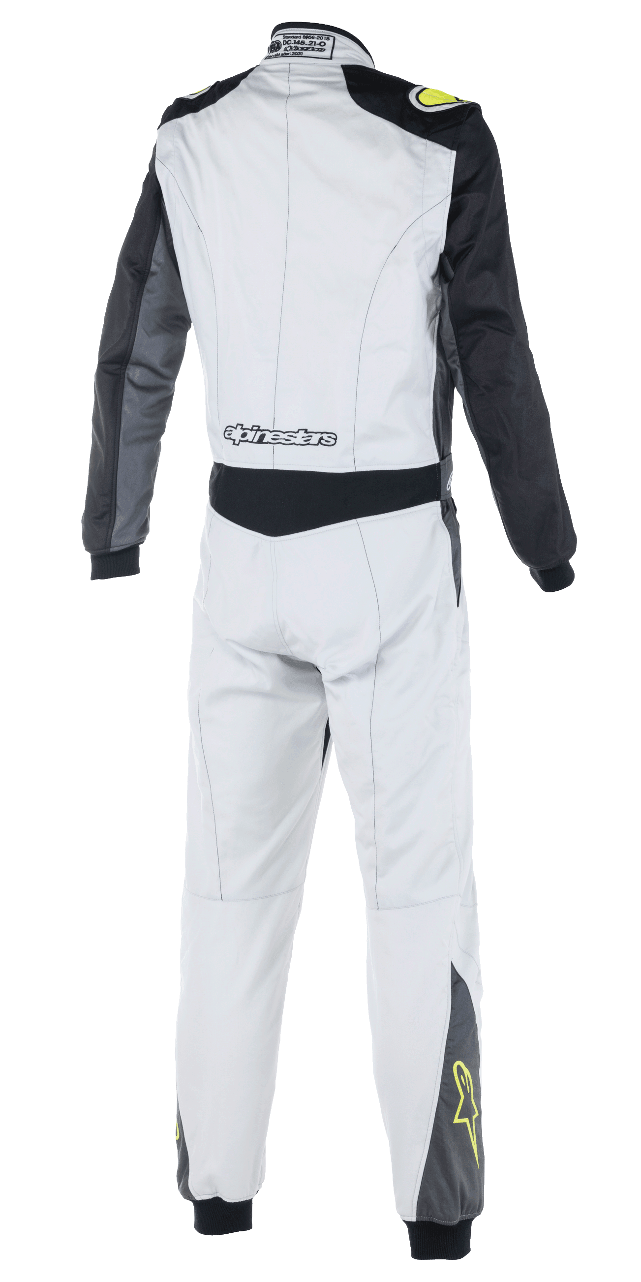 Alpinestars Atom FIA-pak, autoracepak, zilver, antraciet en geel fluo, achteraanzicht met zwarte mouwen en taillepaneel, Alpinestars-branding op de onderrug, gele ster-logo's op de onderbenen, FIA-gecertificeerde motorsportkleding