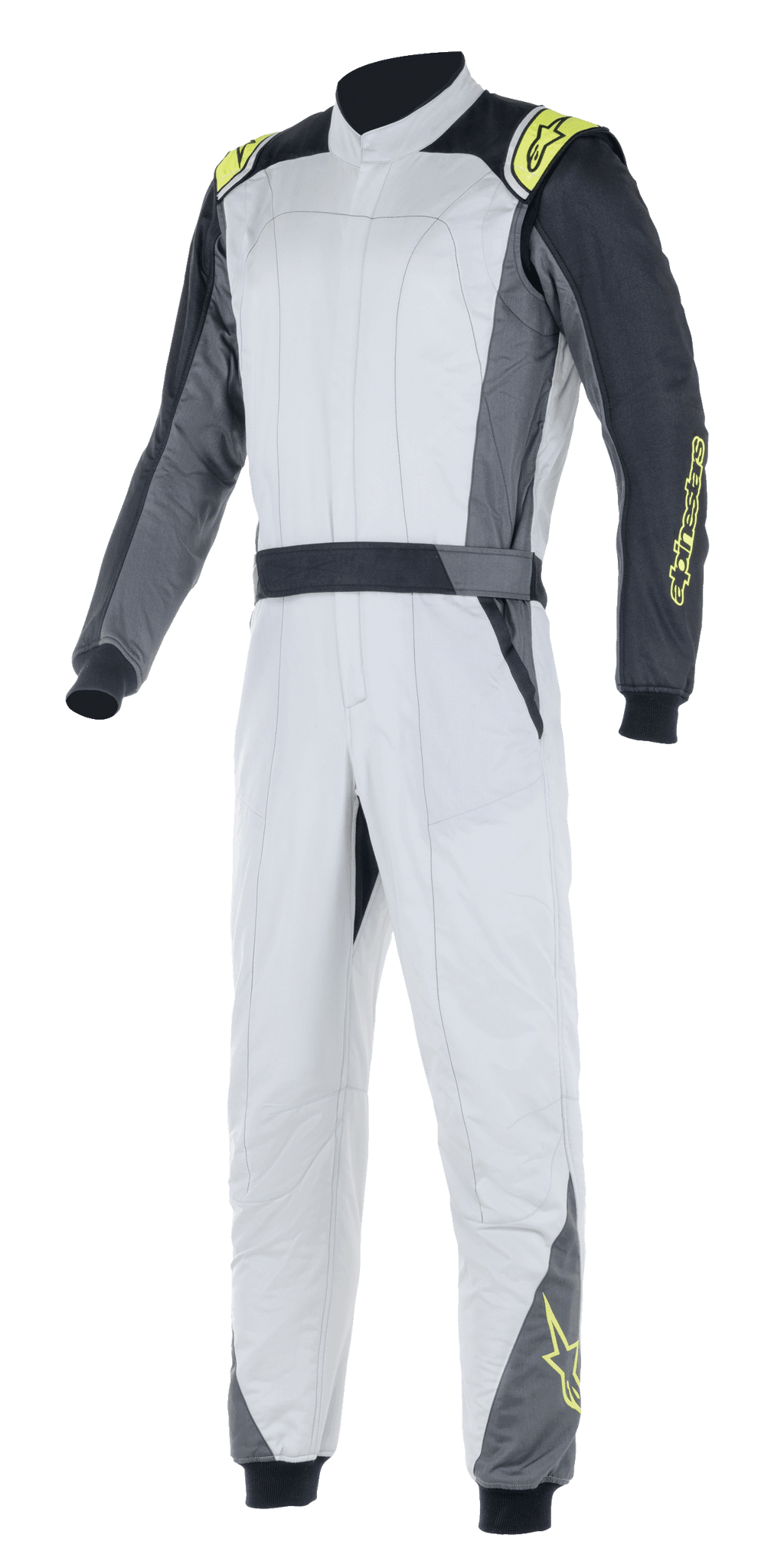 Alpinestars Atom FIA Suit, autoracepak, zilver en antraciet met fluogele accenten, eendelig ontwerp met een hoge kraag en elastische manchetten, professionele beschermende kleding voor de autosport