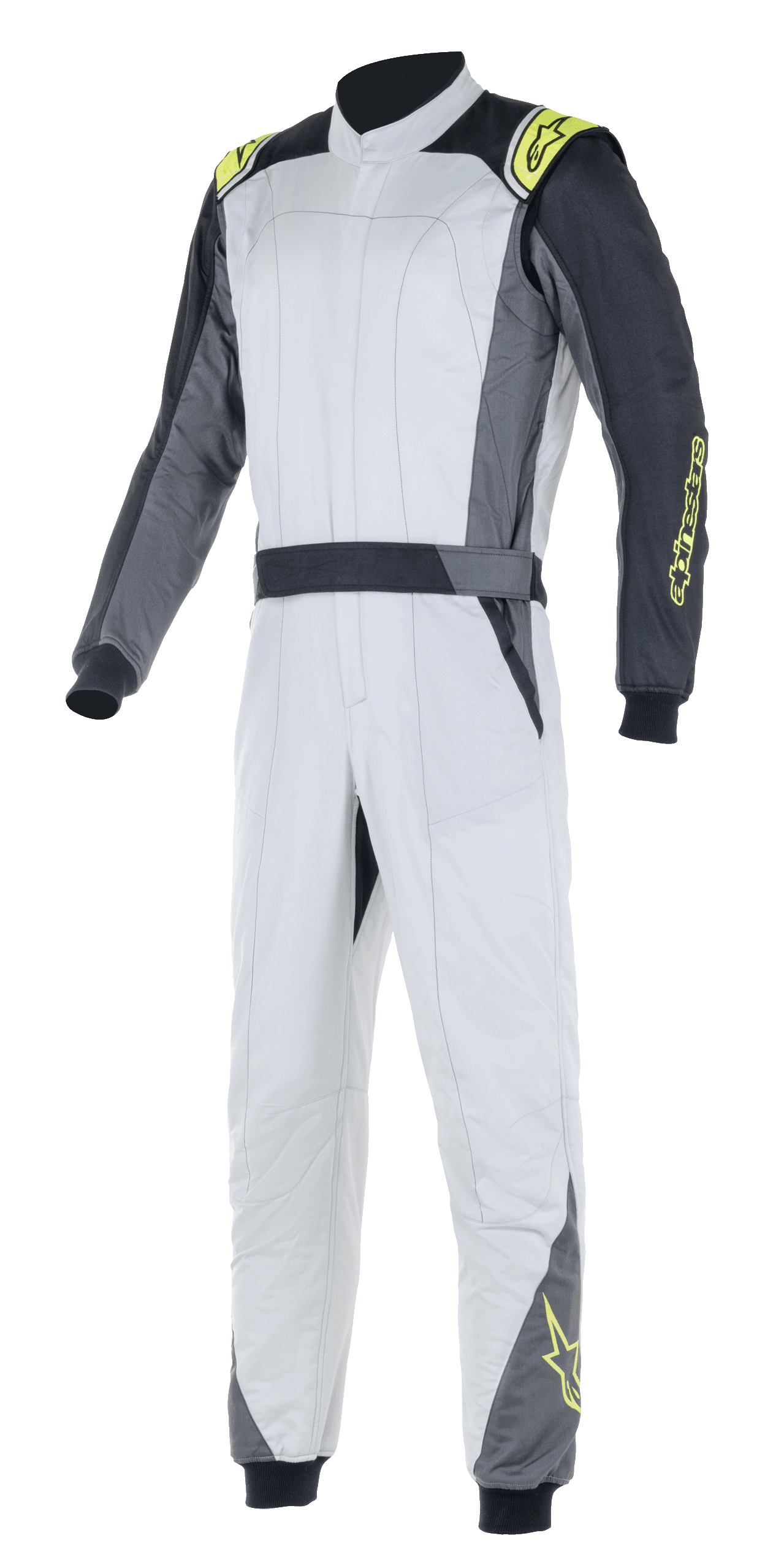 Combinaison Alpinestars Atom FIA, combinaison de course automobile, argent et anthracite avec accents jaune fluo, design une pièce avec col haut et poignets élastiques, vêtement de protection professionnel pour la course automobile