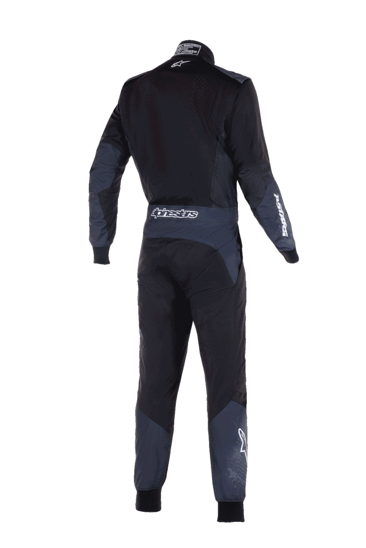 Alpinestars KMX-5 V3 Suit, Karting Racing Suit, Black and Dark Shadow, rear view showing white Alpinestars branding on the waist and sleeve, dark grey technical panels on arms and legs, sleek performance design.