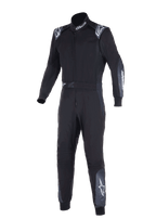 Alpinestars KMX-5 V3 Suit, Karting Suit, Black and Dark Shadow, one-piece racing suit with white Alpinestars branding on the shoulders, neck, and legs, technical dual-layer construction for professional karting.