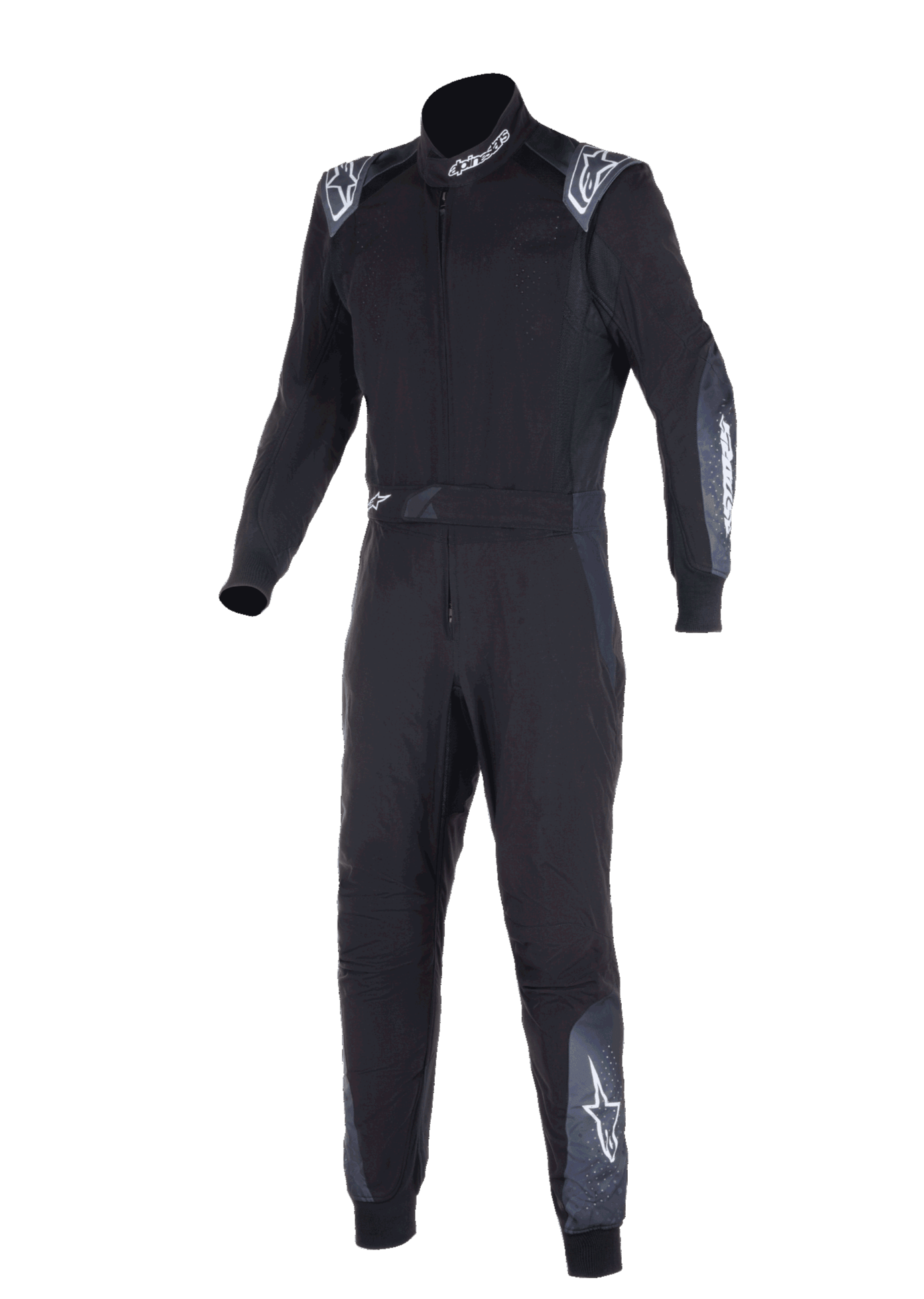 Alpinestars KMX-5 V3 Suit, Karting Suit, Black and Dark Shadow, one-piece racing suit with white Alpinestars branding on the shoulders, neck, and legs, technical dual-layer construction for professional karting.