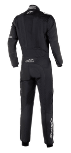 Alpinestars GP Tech V3 Suit FIA, Rear View of Black Auto Racing Suit, white Alpinestars logo and GP Tech V3 branding on lower back, professional motorsport gear with visible stretch panels and athletic fit.