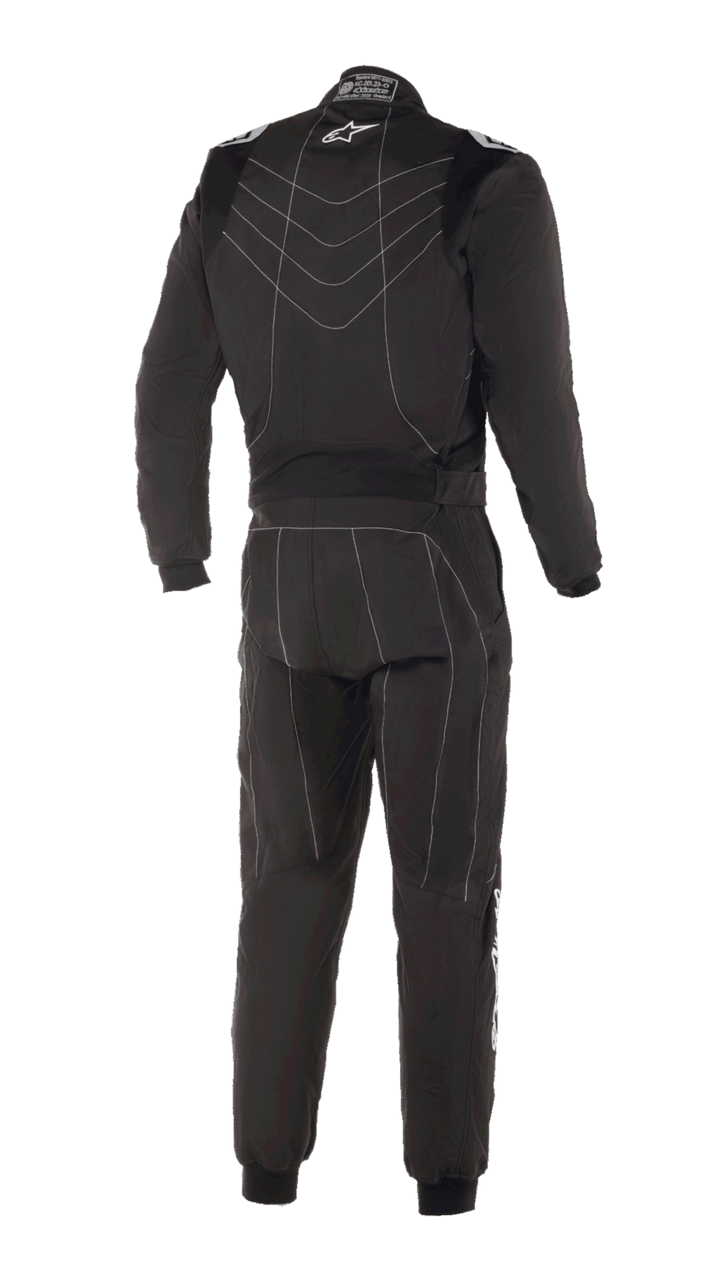 Alpinestars KMX-9 V3 Suit, Karting Suit, Black and White, rear view featuring white decorative stitching, small Alpinestars star logo on the upper back, knitted wrist and ankle cuffs, designed for kart racing
