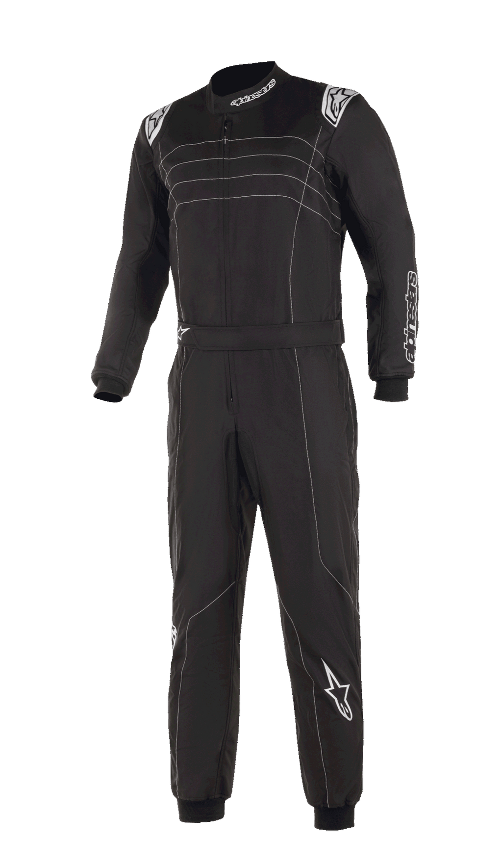 Alpinestars KMX-9 V3 Suit, Black and White Karting Suit, featuring white contrast stitching and logos, one-piece construction with adjustable waist belt, knitted cuffs, professional motorsport appearance