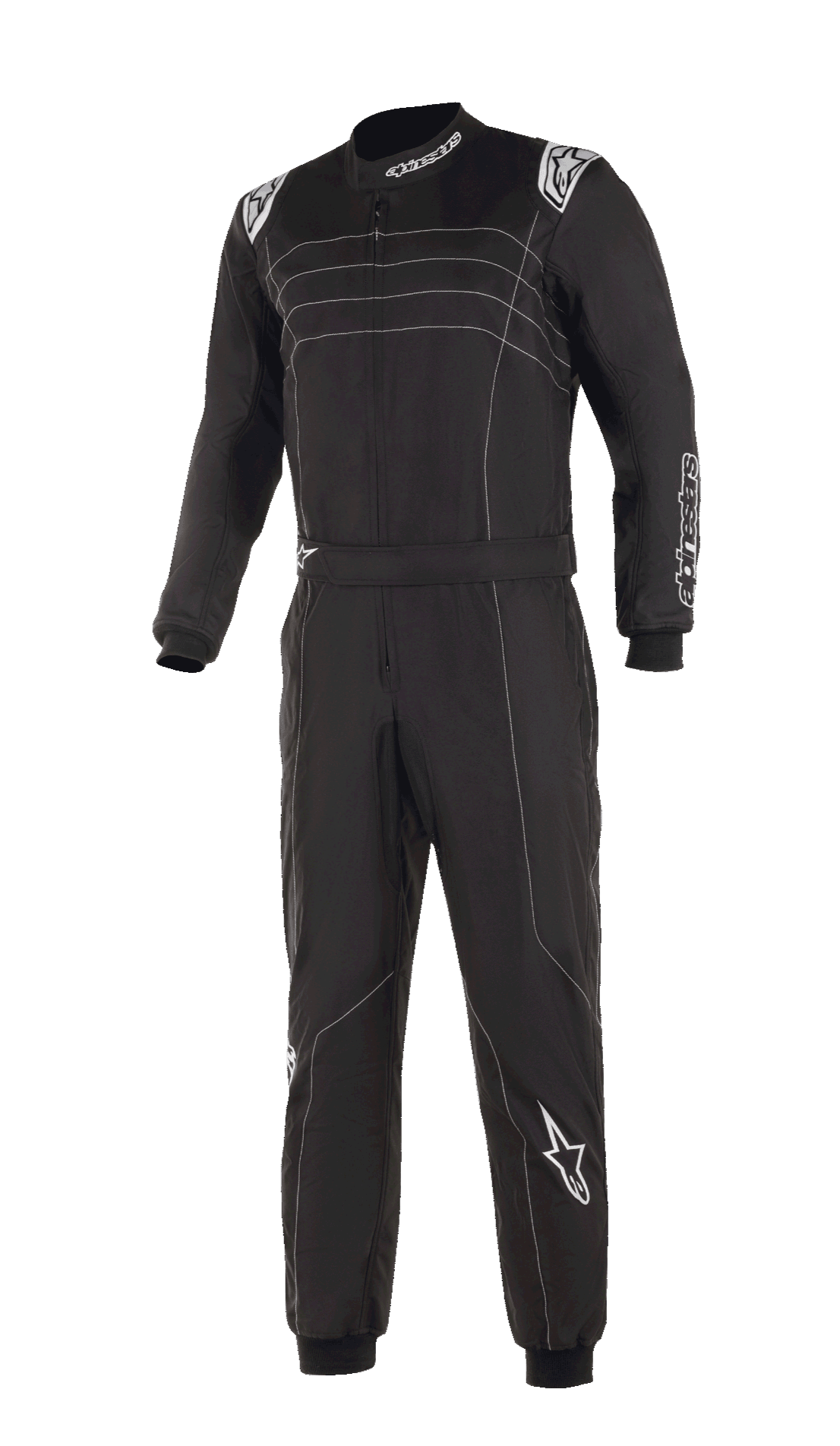 Alpinestars KMX-9 V3 Suit, Black and White Karting Suit, featuring white contrast stitching and logos, one-piece construction with adjustable waist belt, knitted cuffs, professional motorsport appearance