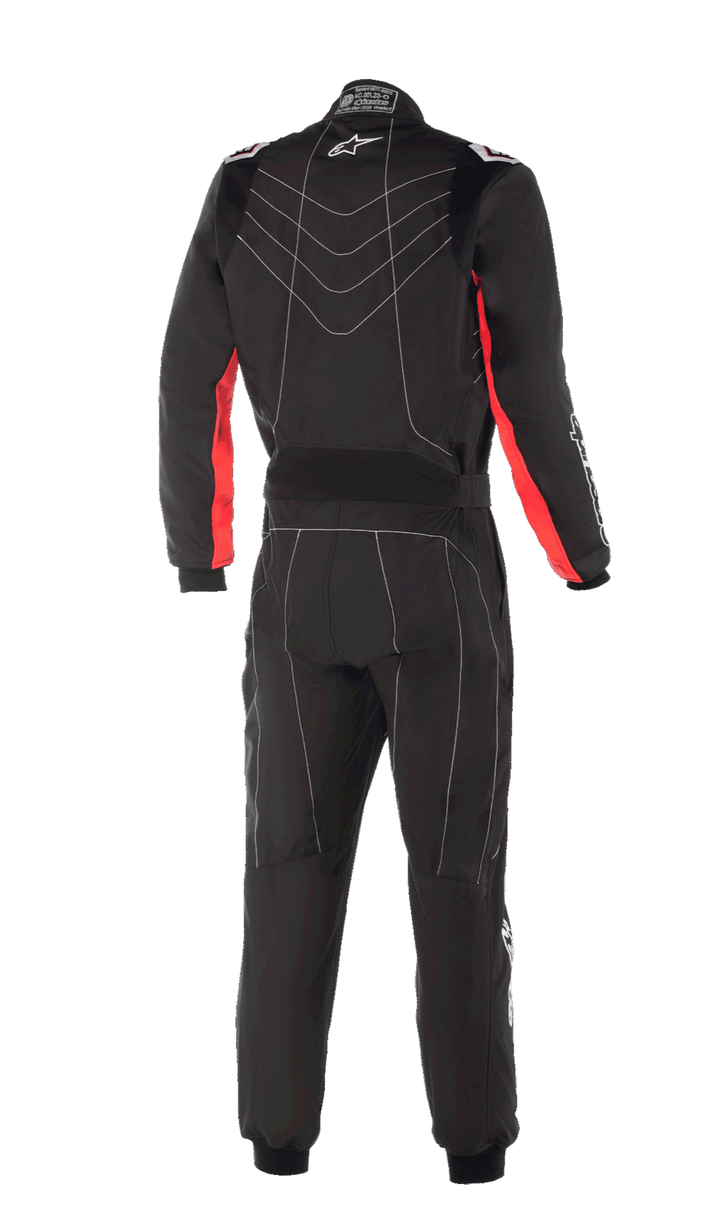 Alpinestars KMX-9 V3 Suit, Karting Suit, Black Red White, back view featuring red side panels on sleeves, white contrast stitching, and Alpinestars logo, professional motorsport racing gear