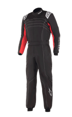 Alpinestars KMX-9 V3 Suit, Karting Suit, Black Red and White, featuring white contrast stitching, red inner arm panels, white Alpinestars branding on shoulders and leg, professional one-piece motorsport racing gear.