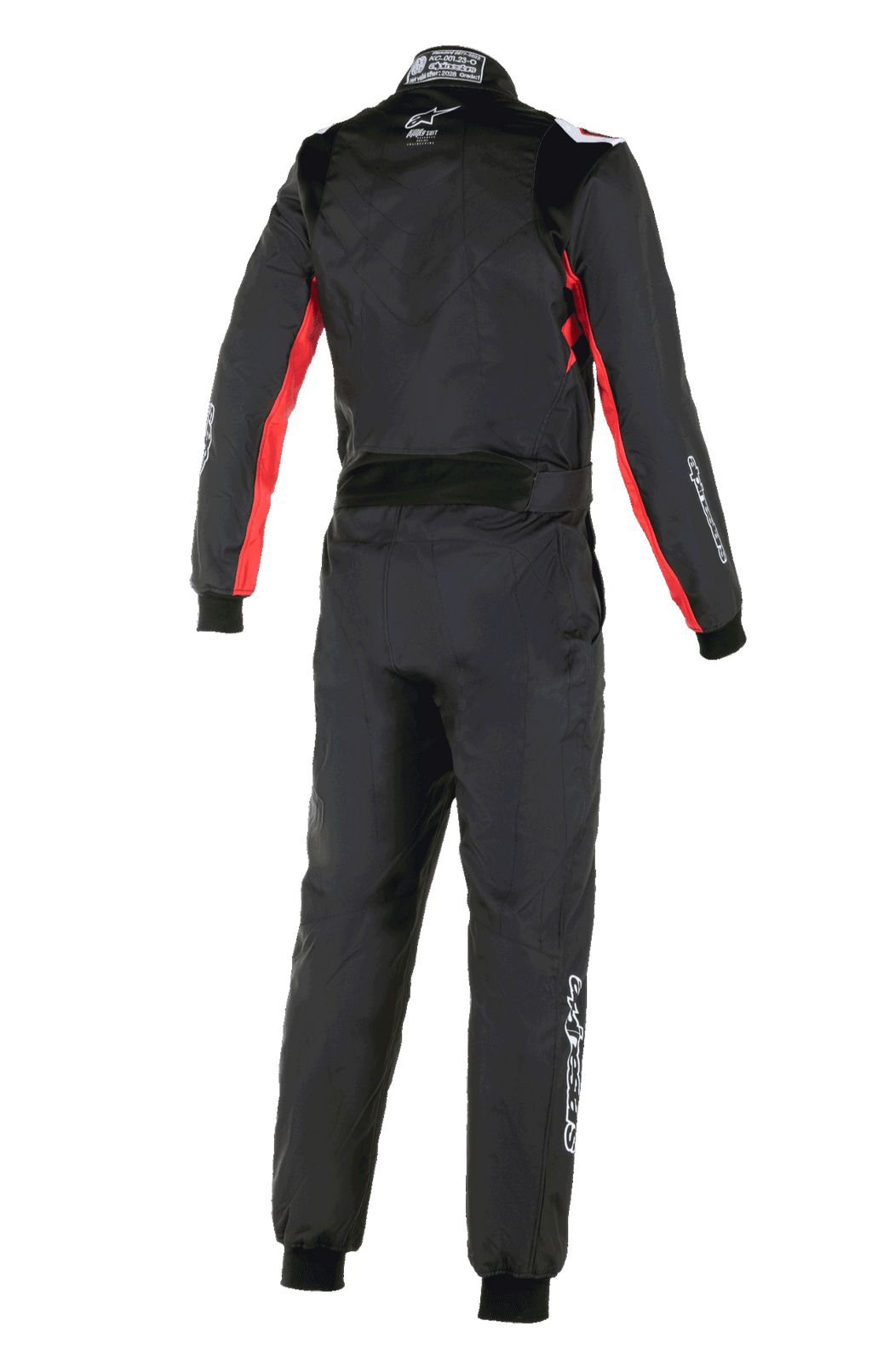 Alpinestars KMX-9 V3 Graphic 3 Suit, Karting Suit, Black and Red, rear view showing red accents on sleeves and sides, white Alpinestars logo on the back neck, and white branding on the leg, professional one-piece racing suit