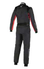 Alpinestars KMX-9 V3 Graphic 3 Suit, Karting Suit, Black and Red, rear view showing red accents on sleeves and sides, white Alpinestars logo on the back neck, and white branding on the leg, professional one-piece racing suit