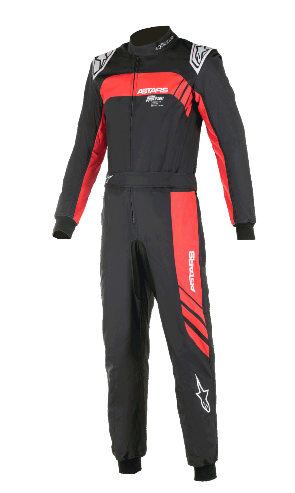 Alpinestars KMX-9 V3 Graphic 3 Suit, Karting Suit, Black and Red, one-piece motorsport design with red graphic accents on the chest and leg, white logos, ribbed wrist and ankle cuffs, high collar, professional racing apparel