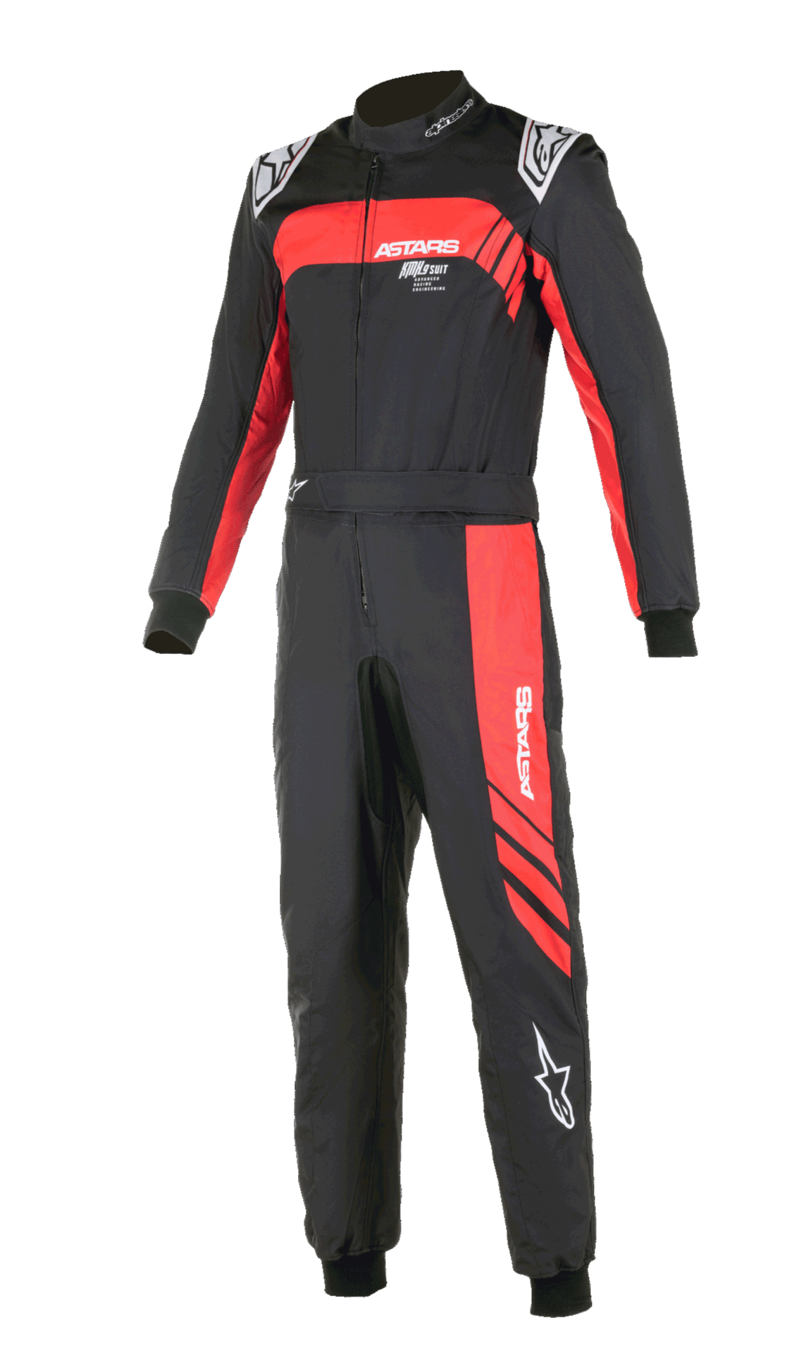 Alpinestars KMX-9 V3 Graphic 3 Suit, Karting Suit, Black and Red, one-piece motorsport design with red graphic accents on the chest and leg, white logos, ribbed wrist and ankle cuffs, high collar, professional racing apparel