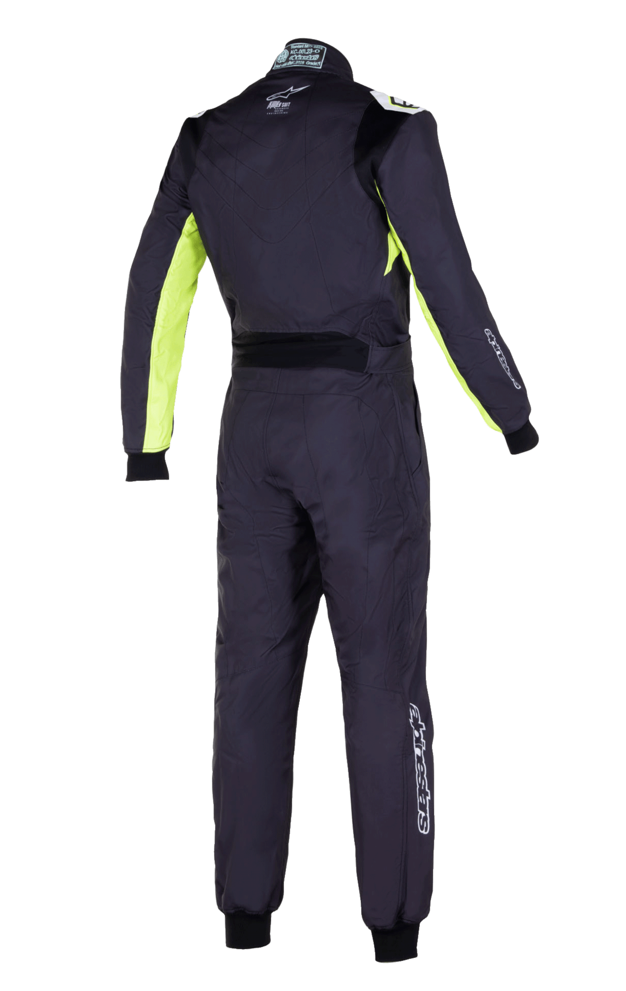 Alpinestars KMX-9 V3 Graphic 3 Suit, Karting Suit, Black and Yellow Fluo, rear view featuring fluorescent yellow panels on the sleeves and sides, black stretch lumbar panel, and white Alpinestars logos on the back and legs.