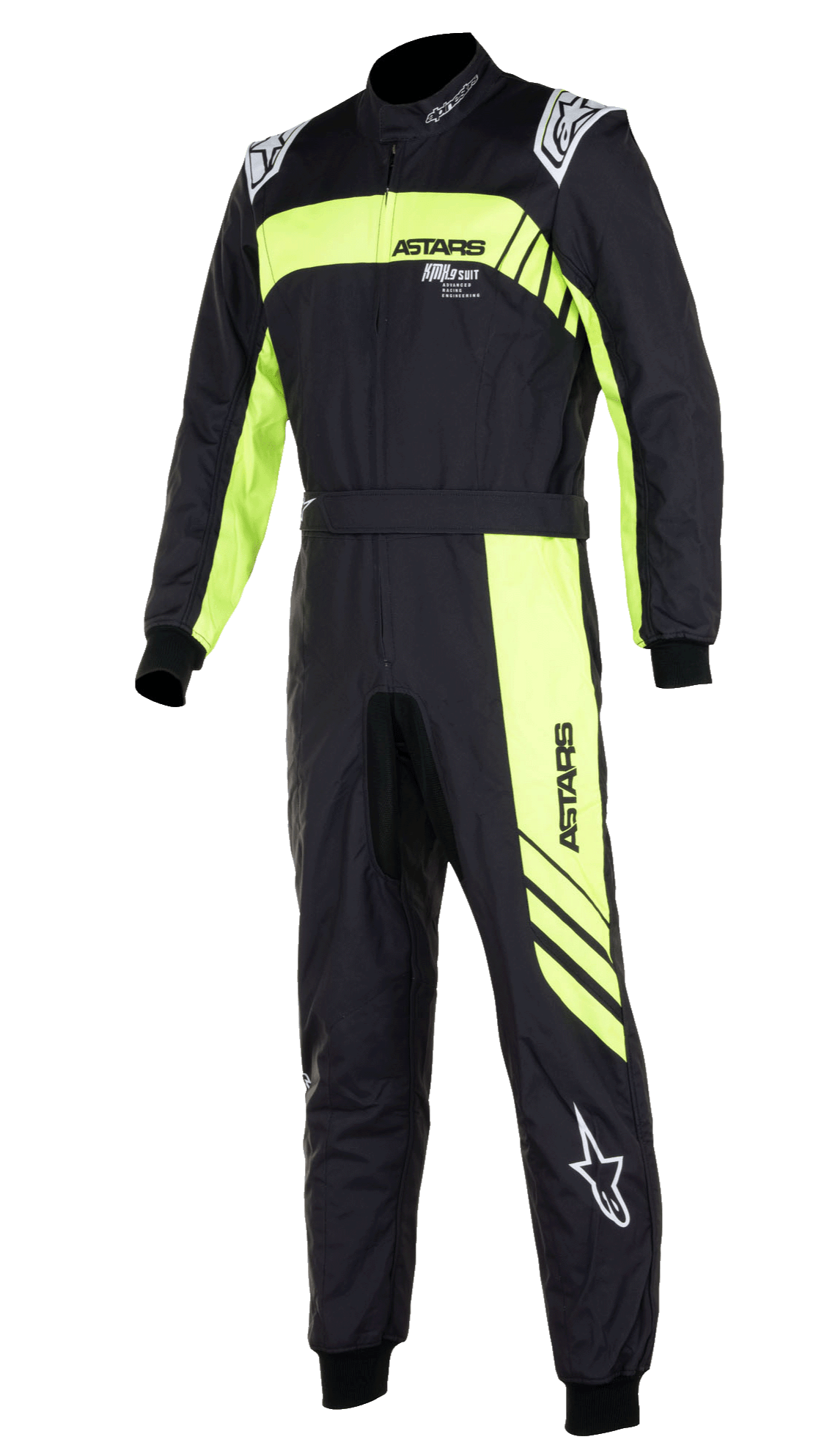 Alpinestars KMX-9 V3 Graphic 3 Suit, one-piece karting suit in Black and Yellow Fluo, featuring bold fluorescent yellow graphic stripes across the chest and down the leg, white Alpinestars logos on shoulders and lower leg, knitted wrist and ankle cuffs, high-performance racing gear