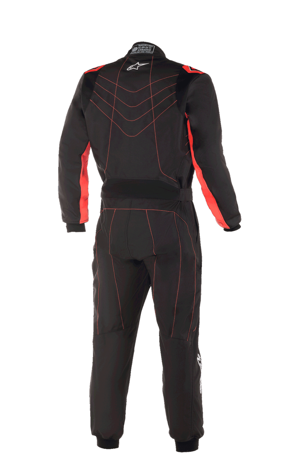 Alpinestars Youth KMX-9 V3 Suit, Karting Suit, Black and Red Fluo, rear view featuring red contrast stitching in a chevron pattern on the back, red panels on the inner arms, small white star logo on the collar, and an adjustable waist belt for a professional racing look.
