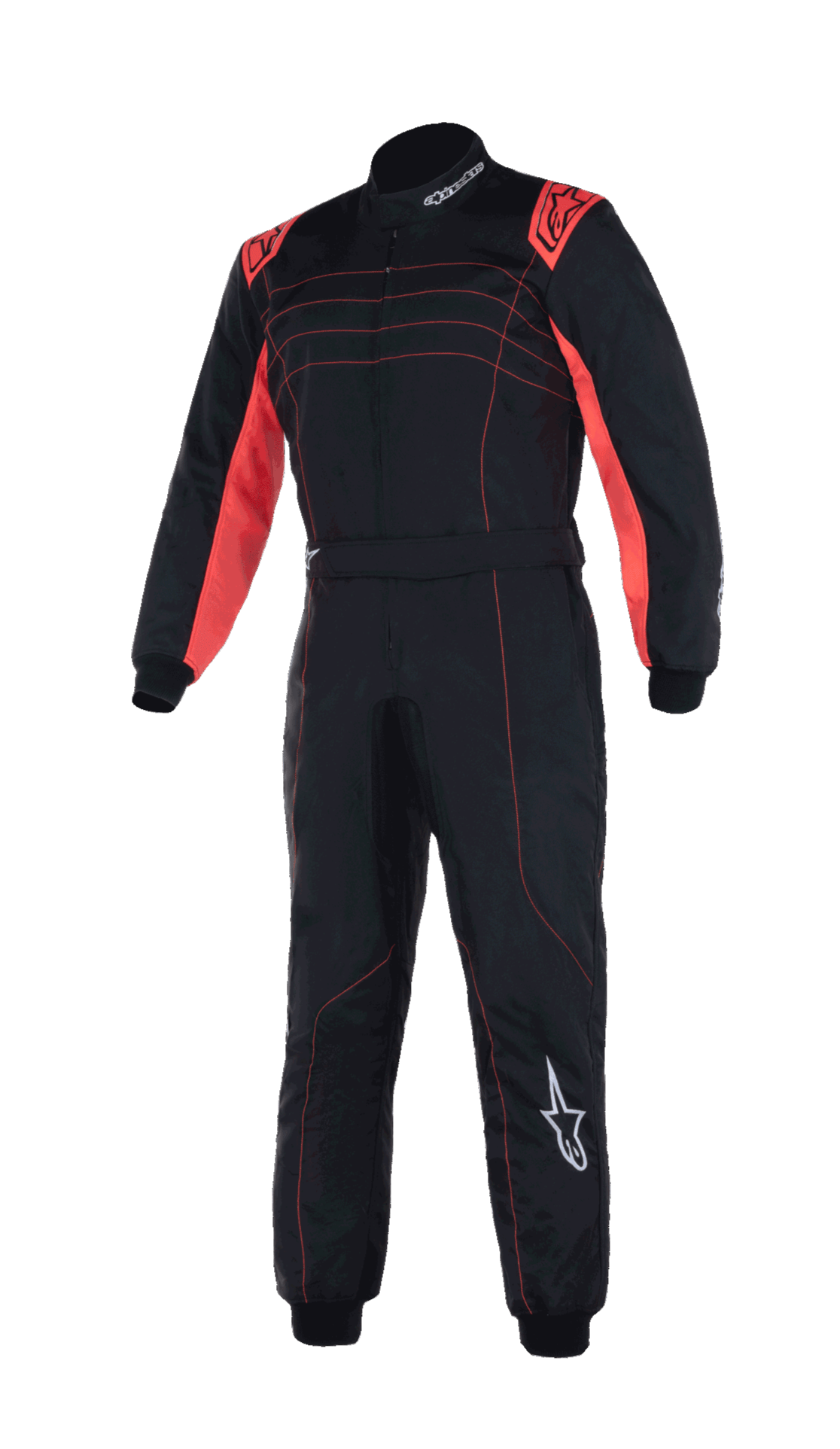 Alpinestars Youth KMX-9 V3 Anzug, Kart-Rennanzug, Schwarz und Fluo-Rot, einteiliges Design mit roten Schulterakzenten und Nähten, weiße Alpinestars-Logos, Hochkragen-Konstruktion für Jugendwettbewerbe
