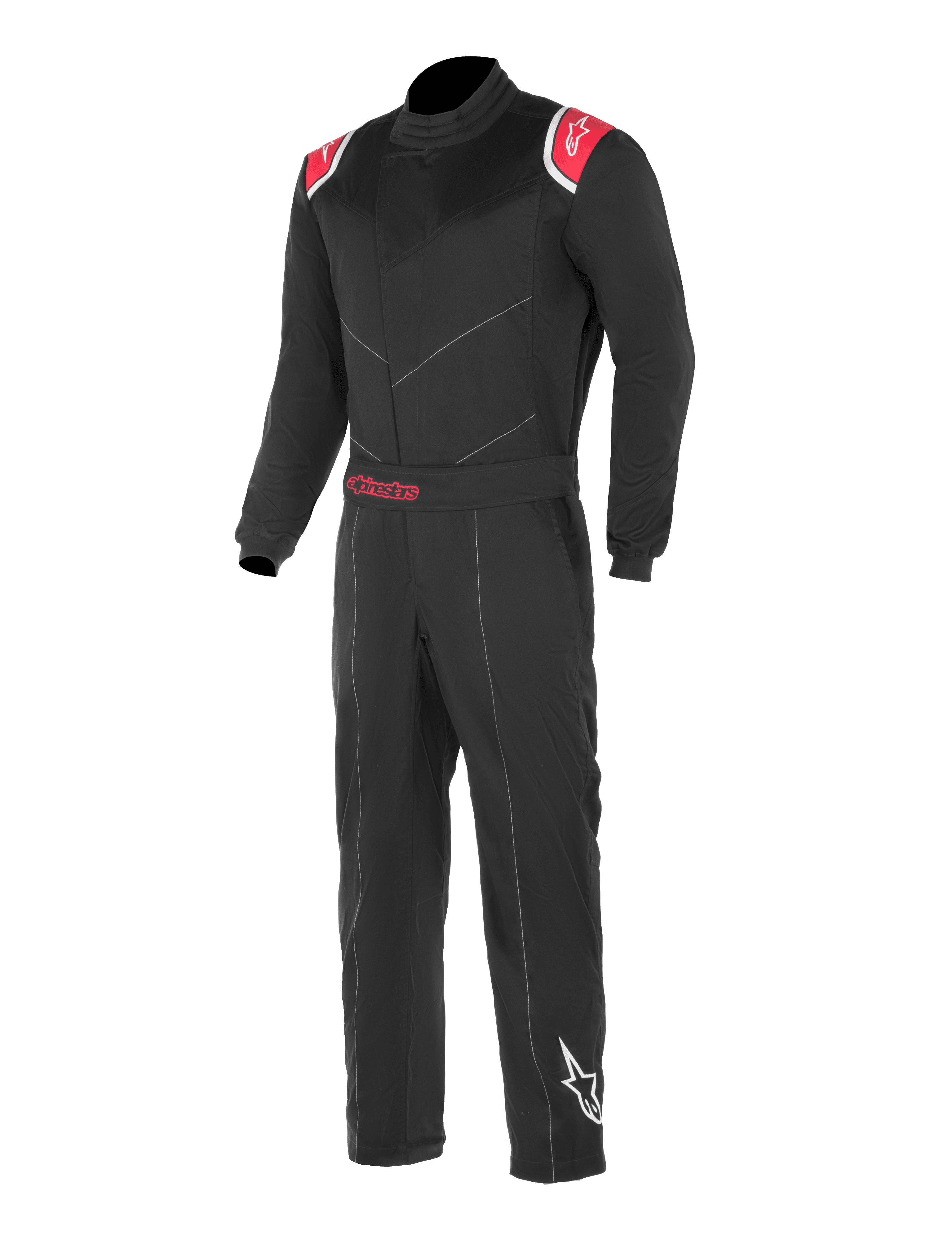 Alpinestars Kart Indoor Suit, combinaison de karting noire et rouge, dotée de panneaux rouges aux épaules avec logos d'étoile blancs, ceinture ajustable avec logo Alpinestars rouge et logo d'étoile blanc sur le bas de la jambe gauche.