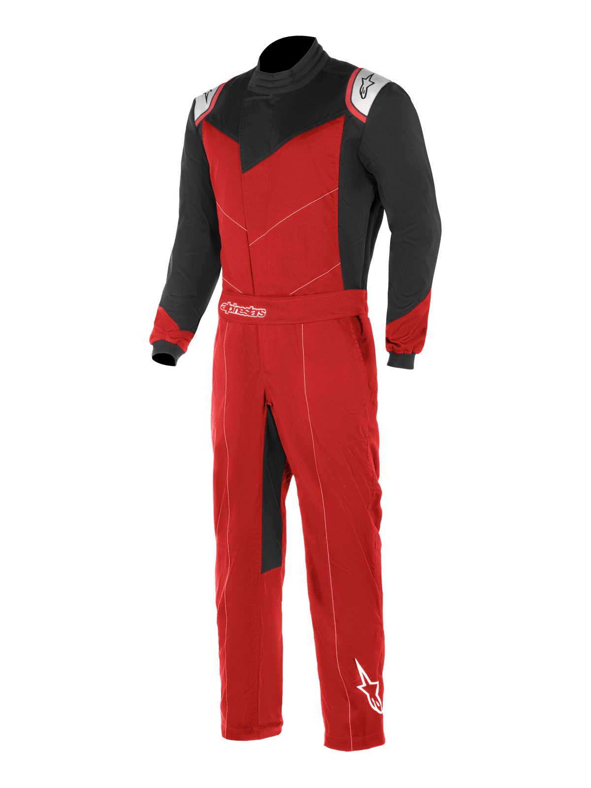Alpinestars Kart Indoor Anzug, Kartrennanzug, Rot und Schwarz mit weißen Akzenten, schwarze Ärmel und obere Brustpartie, roter Torso und Beine, mit asymmetrischer Frontöffnung und verstellbarem Taillengürtel