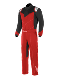 Alpinestars Kart Indoor Suit, kartpak, rood en zwart met witte accenten, zwarte mouwen en borstpanelen, rode romp en broekspijpen, met asymmetrische voorsluiting en verstelbare tailleband