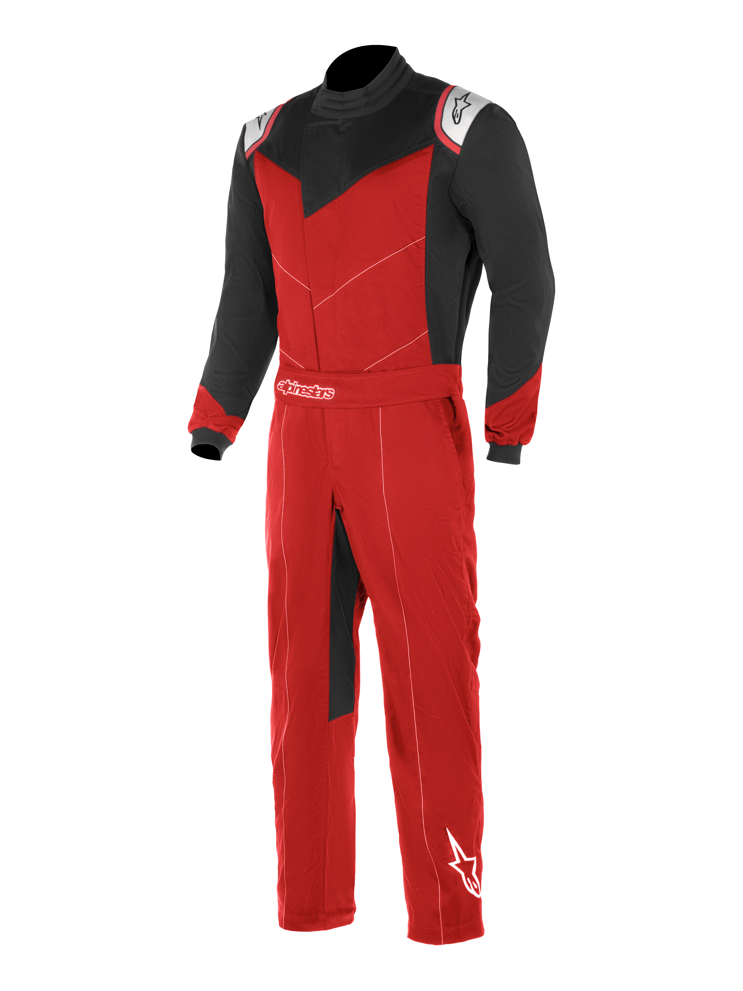 Alpinestars Kart Indoor Suit, combinaison de karting, rouge et noir avec accents blancs, manches noires et empiècements sur le haut de la poitrine, buste et jambes rouges, avec ouverture frontale asymétrique et ceinture ajustable à la taille