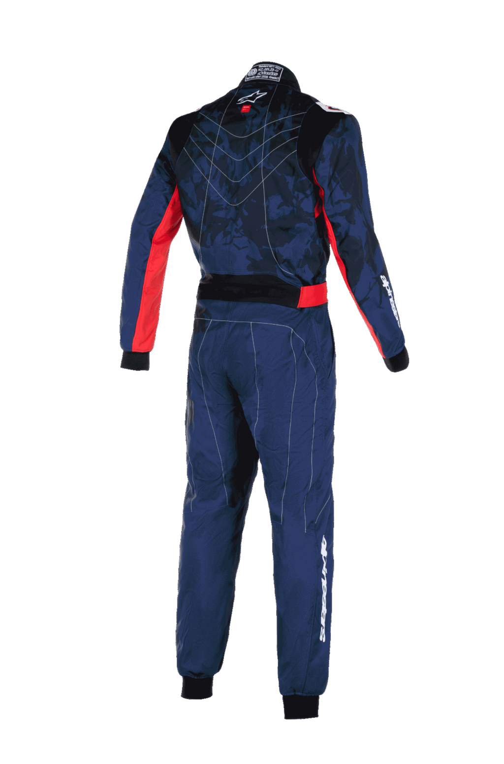 Alpinestars KMX-9 V3 Graphic 5 Suit, Karting Suit, Navy and Red, back view showcasing a camo-patterned upper torso with red side accents, white Alpinestars branding on the sleeve and leg, and technical construction for racing performance.