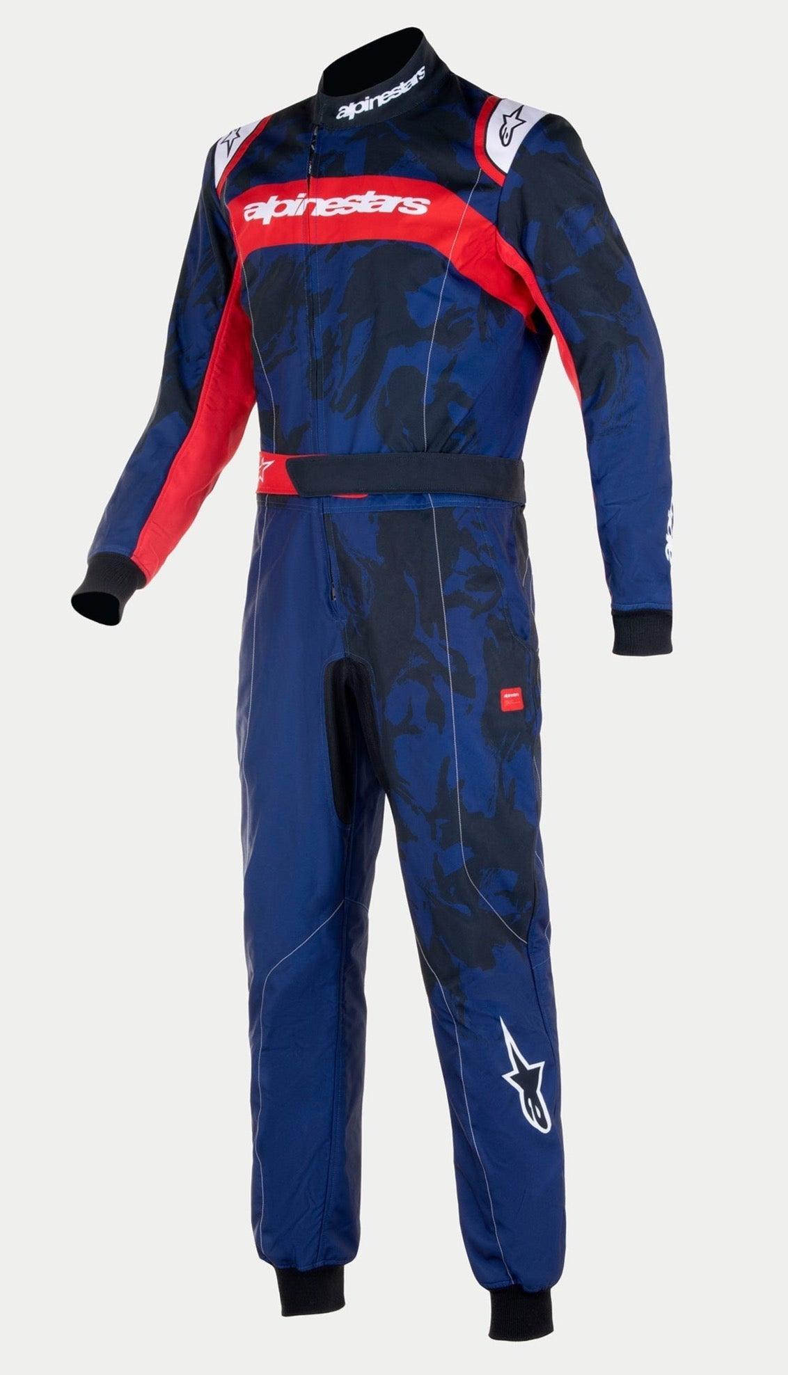 Alpinestars Jugend-KMX-9 V3 Graphic 5 Anzug, Kart-Anzug, Navyblau und Rot, mit dunkelblauem abstrakten Grafikmuster, rotem Brustpanel mit weißem Branding, schwarzen Rippbündchen und Kragen, professionelles einteiliges Renndesign