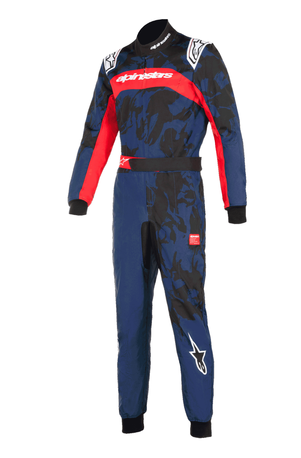 Alpinestars KMX-9 V3 Graphic 5 Suit, Navy Red karting suit, navy blue with black camouflage graphics and vibrant red accents, features Alpinestars logos on the chest, shoulders, and leg, professional racing gear design