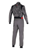 Alpinestars KMX-9 V3 Graphic 5 Suit, Karting Suit, Dark Gray and Black, back view featuring a camouflage graphic pattern on the torso, red waist accent, and white Alpinestars branding on the sleeve and leg