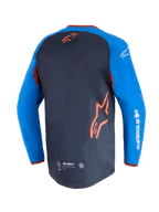 Alpinestars Maxdura Dual Jersey, Motorrad-Jersey, Dunkelgrau und Royalblau, Rückansicht mit Mesh-Torso-Panel und orangefarbenem Stern-Logo, royalblaue Ärmel mit weißem Alpinestars-Schriftzug, verlängerter hinterer Saum für Offroad-Performance