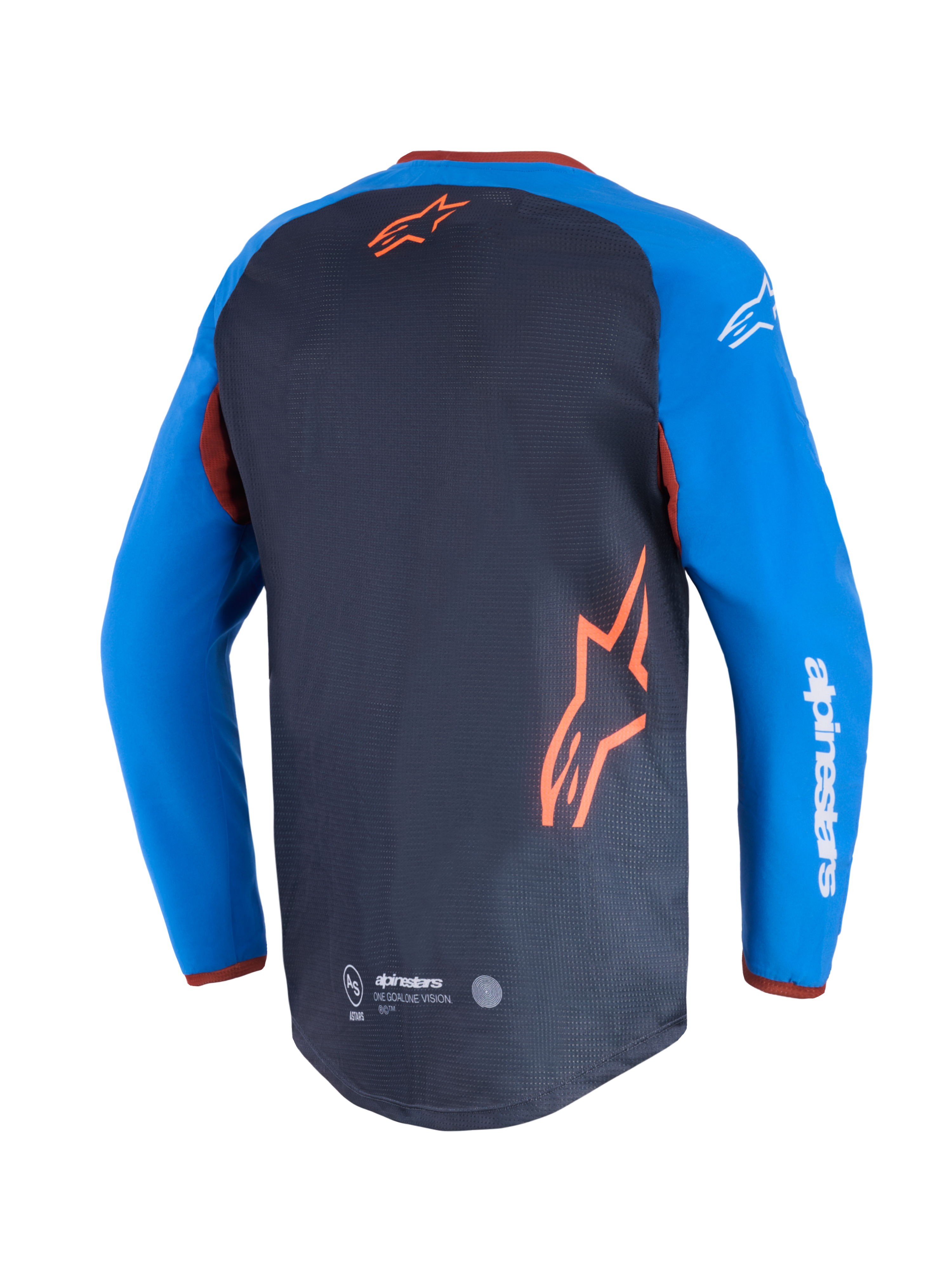 Alpinestars Maxdura Dual Jersey, Motorrad-Jersey, Dunkelgrau und Royalblau, Rückansicht mit Mesh-Torso-Panel und orangefarbenem Stern-Logo, royalblaue Ärmel mit weißem Alpinestars-Schriftzug, verlängerter hinterer Saum für Offroad-Performance