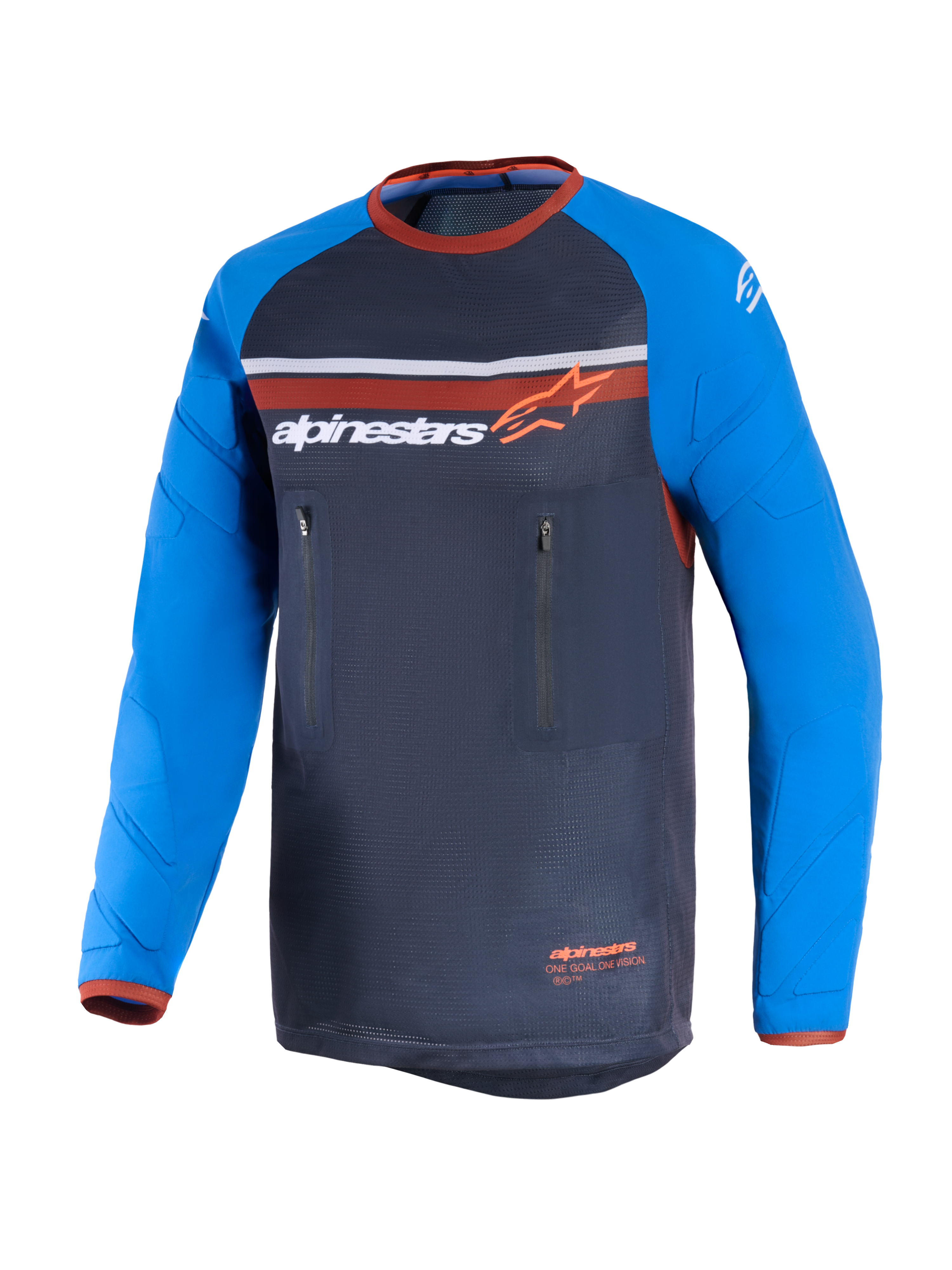 Alpinestars Maxdura Dual Jersey, Dual-Sport-Motorradtrikot, Dunkelgrau und Königsblau, mit Torso aus durchgehendem Mesh-Gewebe, abriebfesten langen Ärmeln mit Verstärkungsmustern, orangen Akzenten und zwei vertikalen Brusttaschen mit Reißverschluss