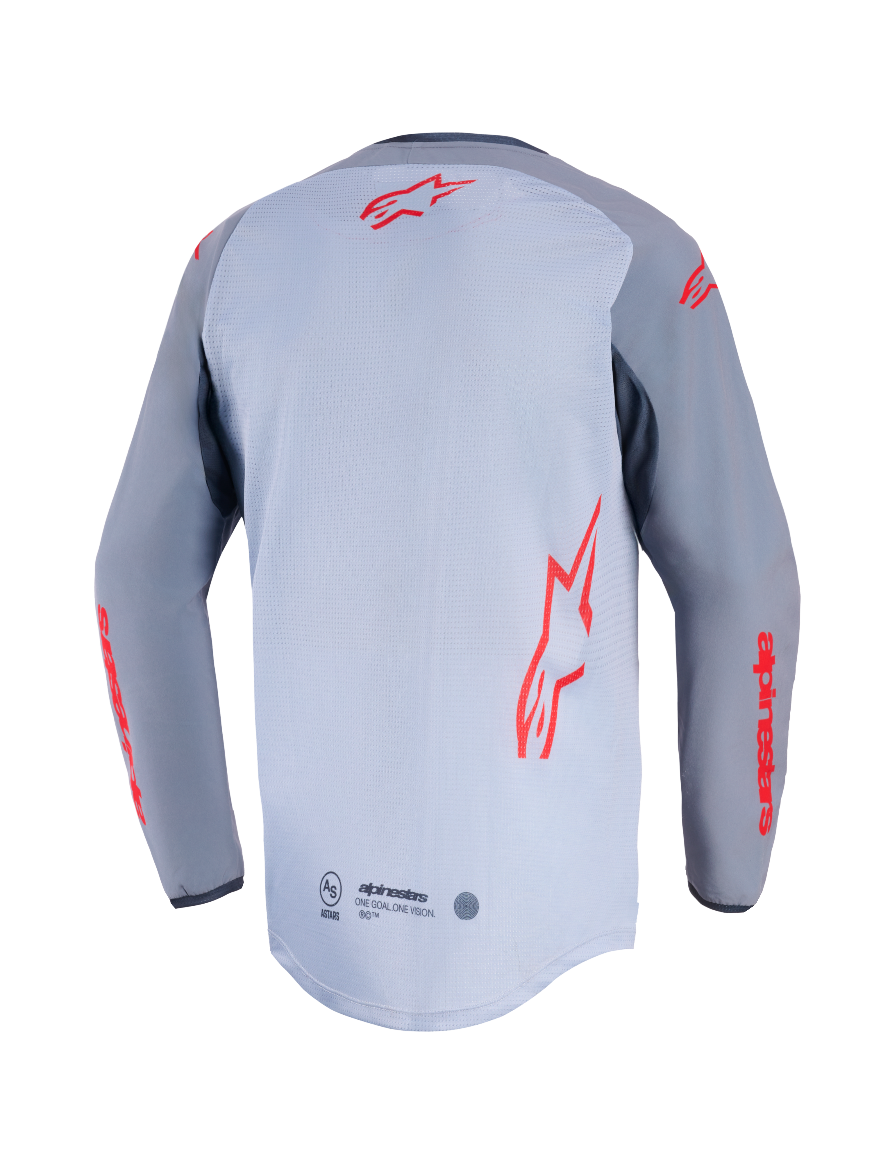 Alpinestars Maxdura Dual Jersey, Rear View, Mid Gray and Dark Gray, featuring red Alpinestars logos on the back and sleeves, mesh torso construction, and extended drop-tail hem.