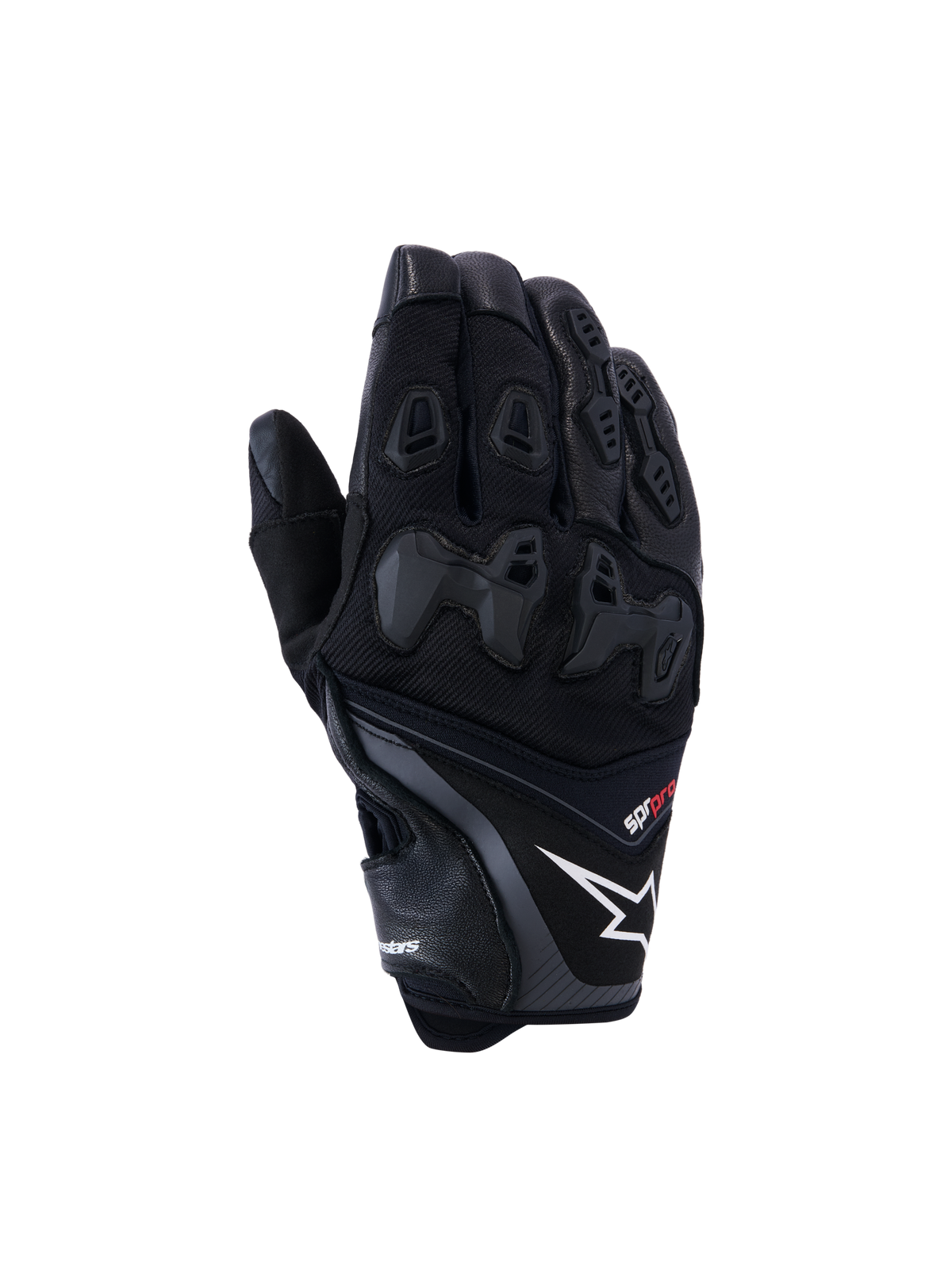 Alpinestars SP-R Pro Handschuhe, schwarze Motorrad-Sporthandschuhe mit weißem Stern-Logo und rotem Pro-Schriftzug, geteilter TPU-Knöchelschutz, verstärkte Fingerpaneele, hochwertige Leder- und Textilkonstruktion für sportliches Fahren