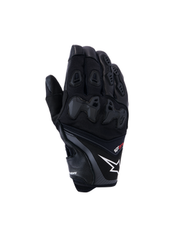 Alpinestars SP-R Pro handschoenen, zwarte motorracehandschoenen met een wit sterlogo en rode pro-tekst, verdeelde TPU-knokkelbescherming en verstevigde vingerpanelen, hoogwaardige leer- en textielconstructie voor sportief rijden