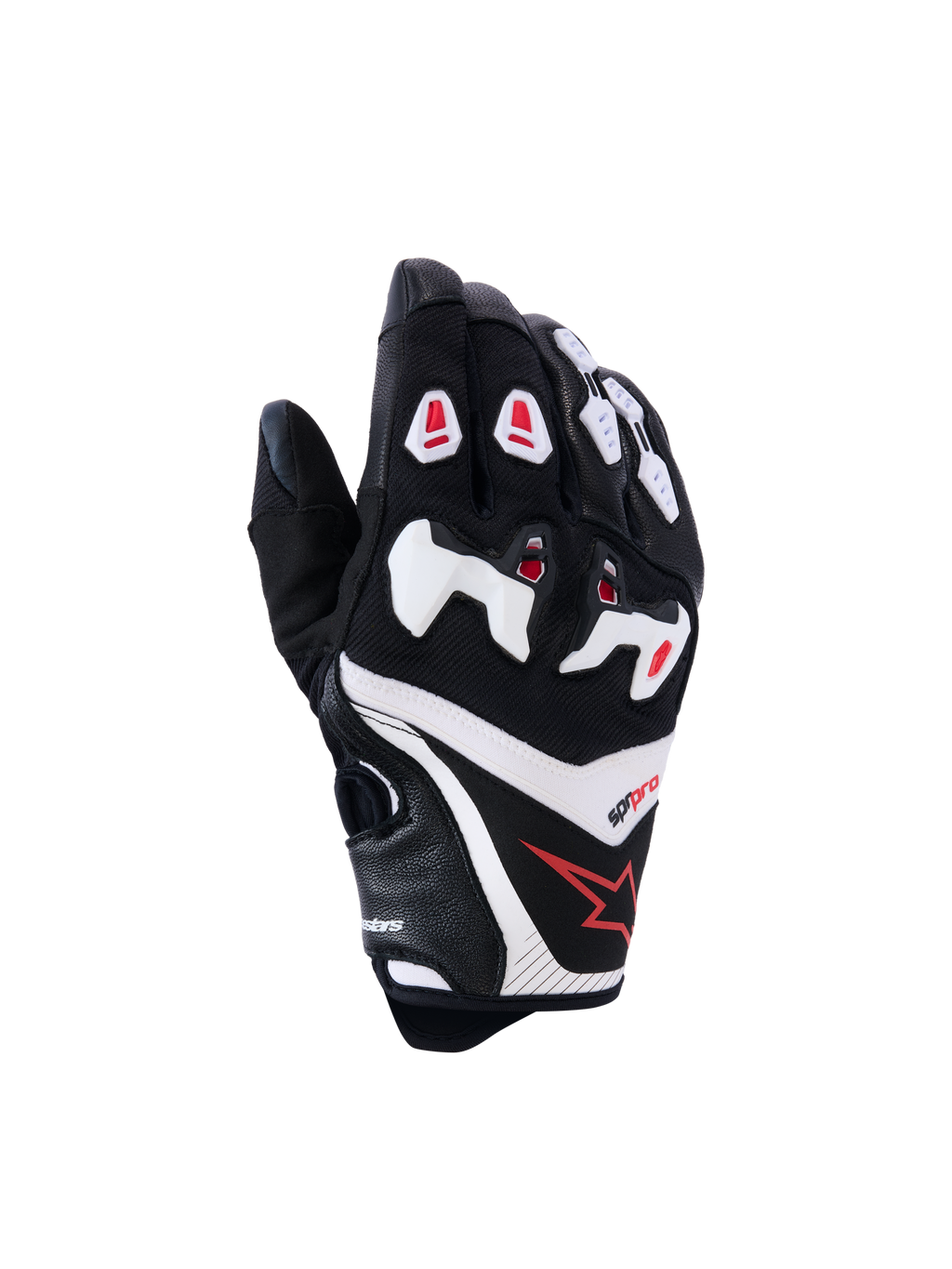 Alpinestars SP-R Pro Handschuhe, Motorrad-Rennhandschuhe, Schwarz mit weißen und roten Akzenten, Rückhandansicht mit geteiltem TPU-Knöchelschutz, Konstruktion aus strukturiertem Leder und Mesh, rotes Stern-Logo am Handgelenk