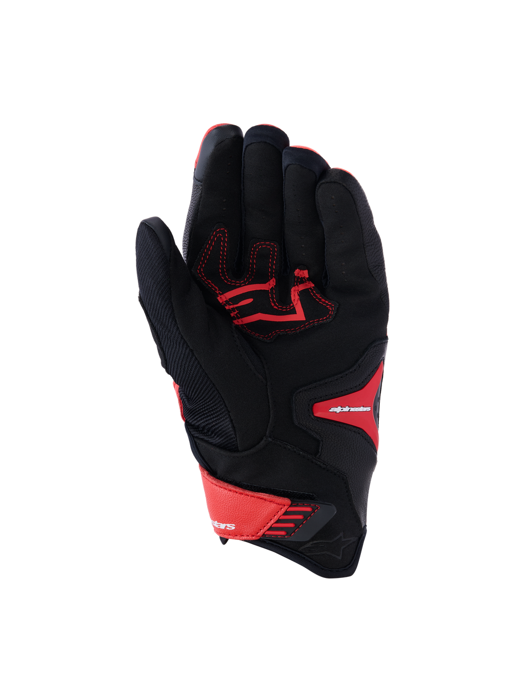 Alpinestars SP-R Pro Handschuhe, Sport-Motorradhandschuhe, Hellrot, Fluo-Rot und Schwarz, Handflächenansicht mit verstärkter Lederinnenhand und roten Kontrastnähten, Textil-Chassis und verstellbarem Handgelenkverschluss.
