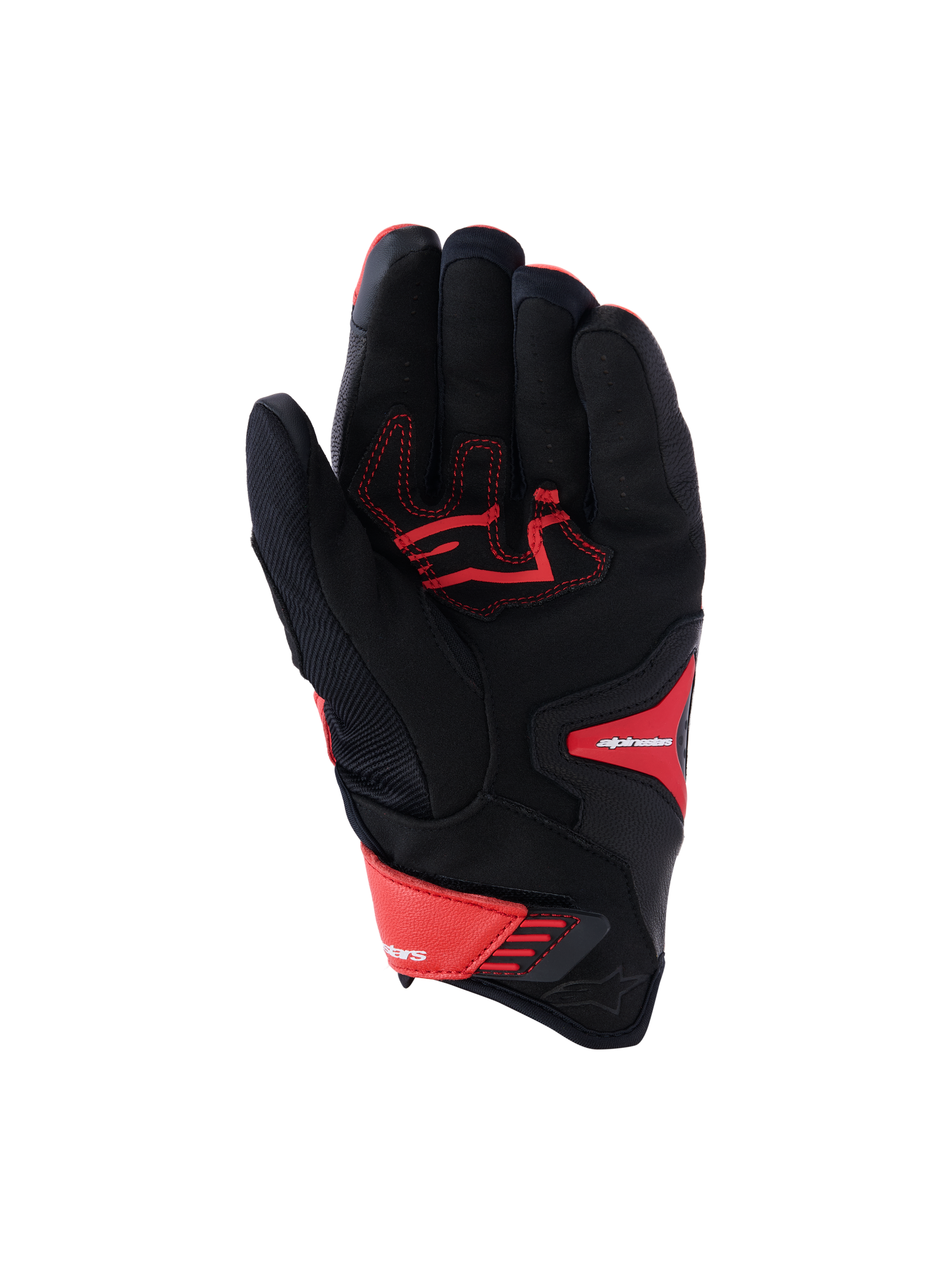 Alpinestars SP-R Pro Handschuhe, Sport-Motorradhandschuhe, Hellrot, Fluo-Rot und Schwarz, Handflächenansicht mit verstärkter Lederinnenhand und roten Kontrastnähten, Textil-Chassis und verstellbarem Handgelenkverschluss.