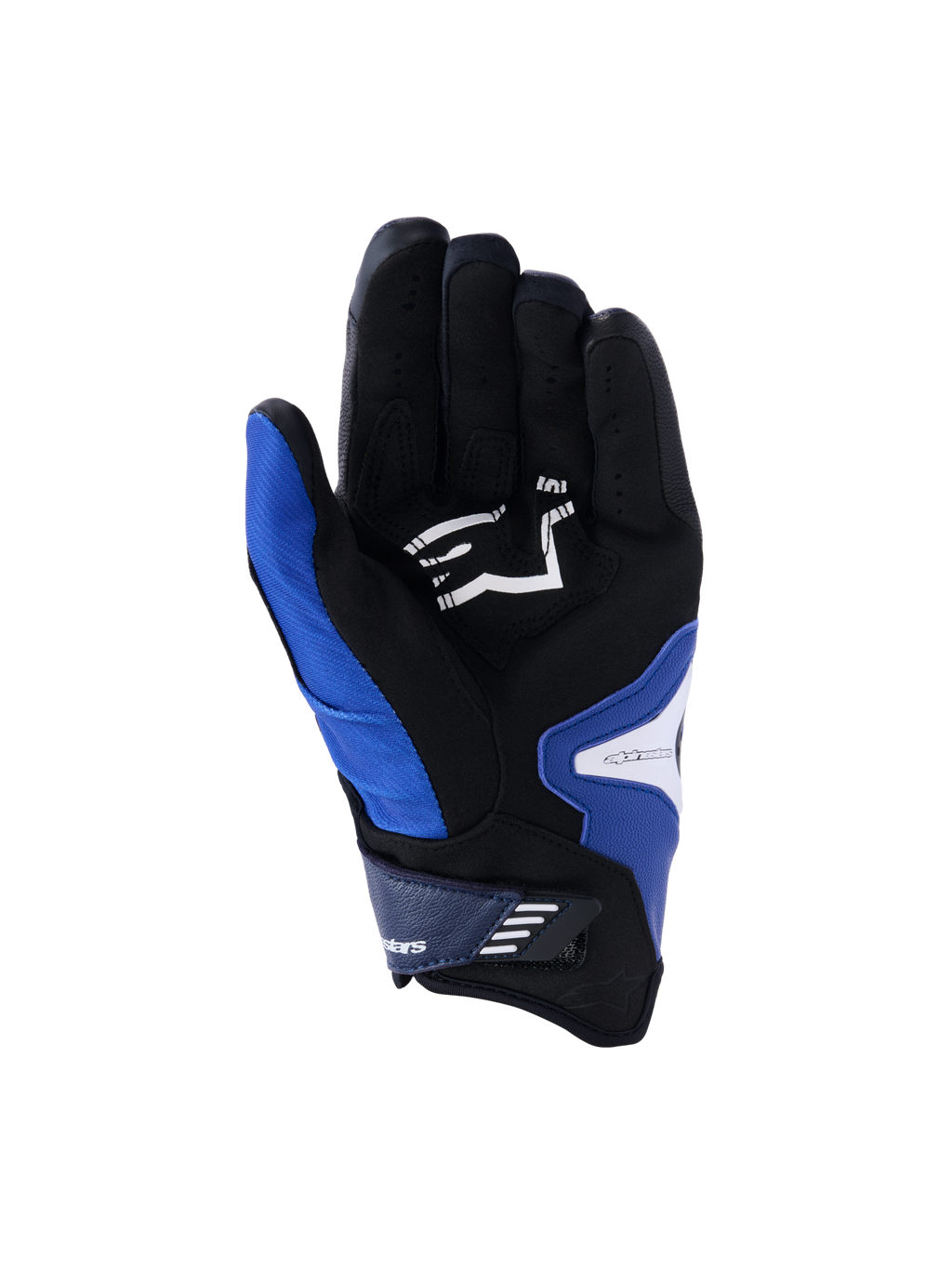 Gants Alpinestars SP-R Pro, vue de la paume, bleu vif marine et blanc, avec paume en cuir synthétique noir et logo Alpinestars blanc, manchette courte avec sangle de fermeture velcro et sections de préhension renforcées.